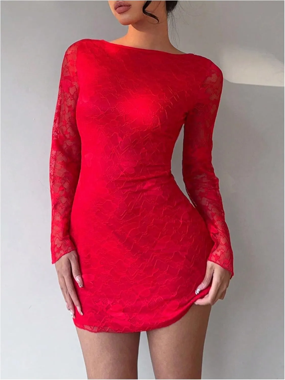SOLY HUX Women's Lace Mini Dress Tie Backless Bell Long Sleeve Crew Neck Bodycon Dresses