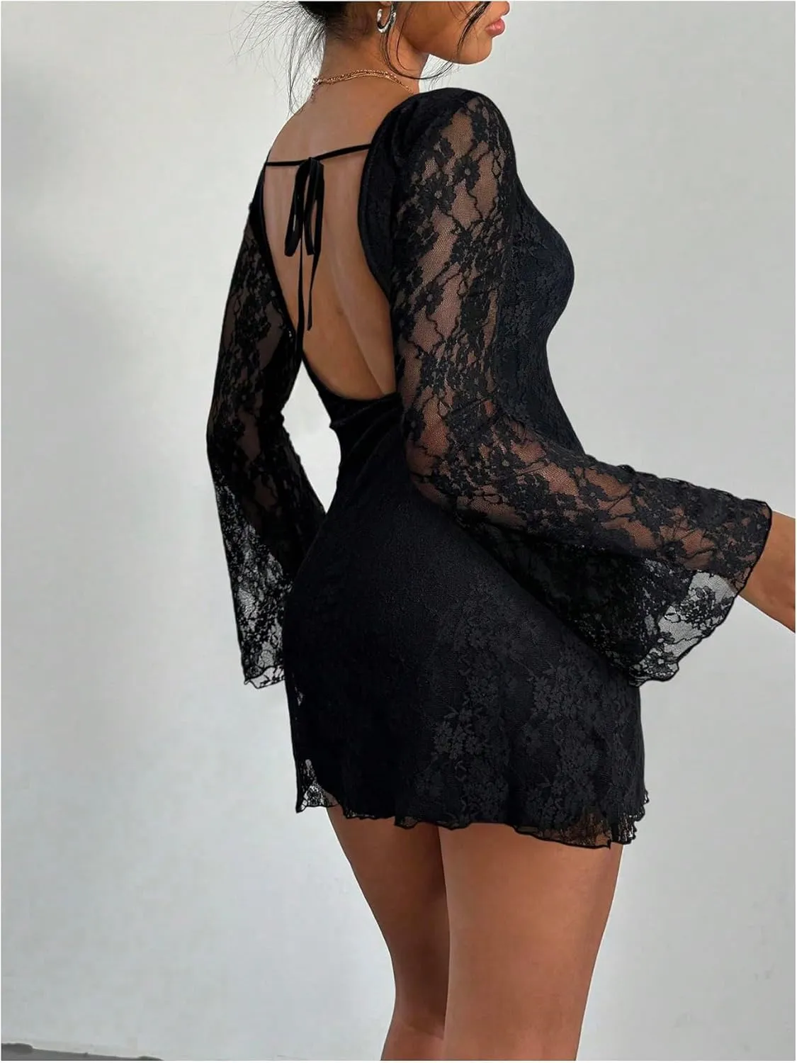 SOLY HUX Women's Lace Mini Dress Tie Backless Bell Long Sleeve Crew Neck Bodycon Dresses