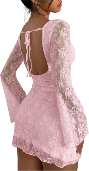 SOLY HUX Women's Lace Mini Dress Tie Backless Bell Long Sleeve Crew Neck Bodycon Dresses