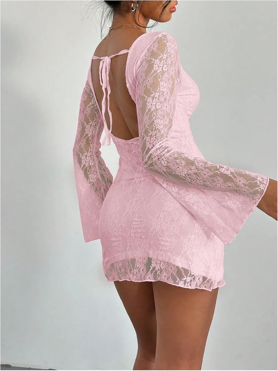 SOLY HUX Women's Lace Mini Dress Tie Backless Bell Long Sleeve Crew Neck Bodycon Dresses