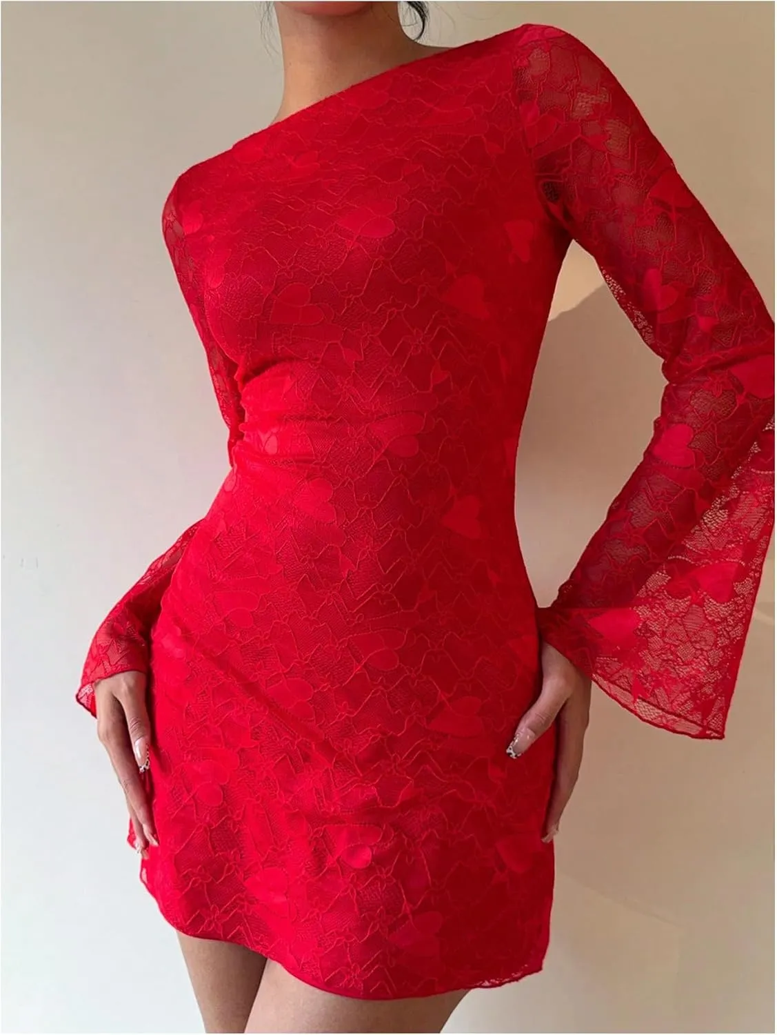 SOLY HUX Women's Lace Mini Dress Tie Backless Bell Long Sleeve Crew Neck Bodycon Dresses