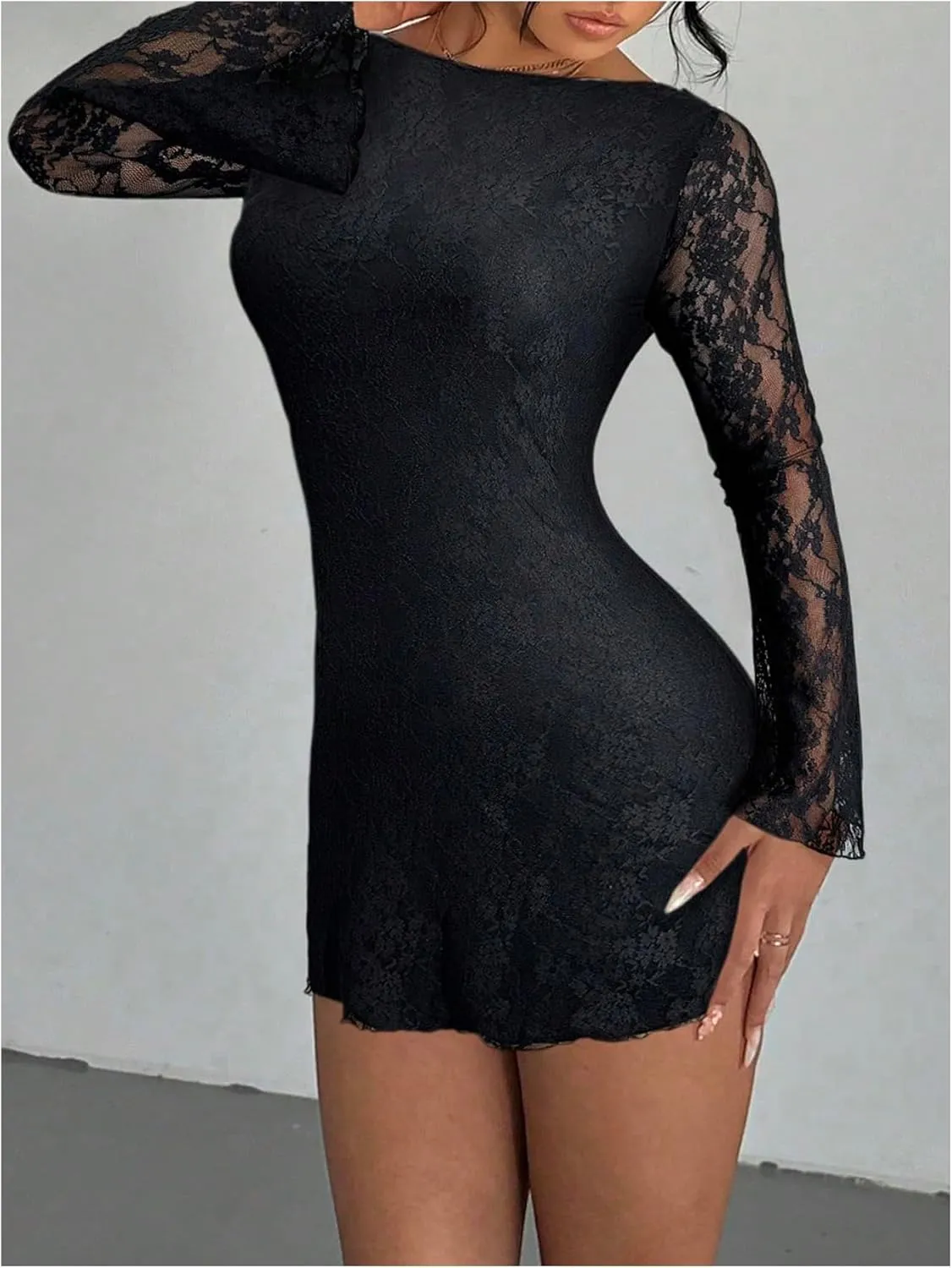 SOLY HUX Women's Lace Mini Dress Tie Backless Bell Long Sleeve Crew Neck Bodycon Dresses