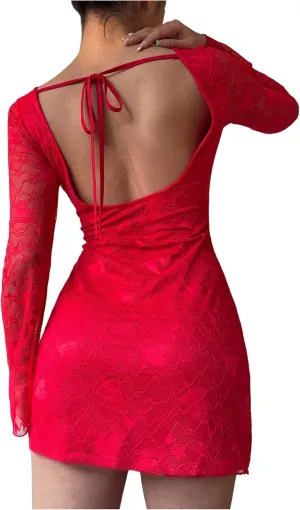 SOLY HUX Women's Lace Mini Dress Tie Backless Bell Long Sleeve Crew Neck Bodycon Dresses