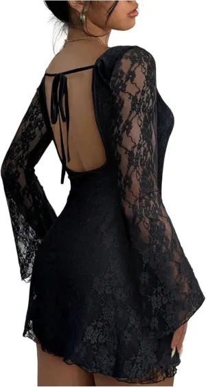 SOLY HUX Women's Lace Mini Dress Tie Backless Bell Long Sleeve Crew Neck Bodycon Dresses