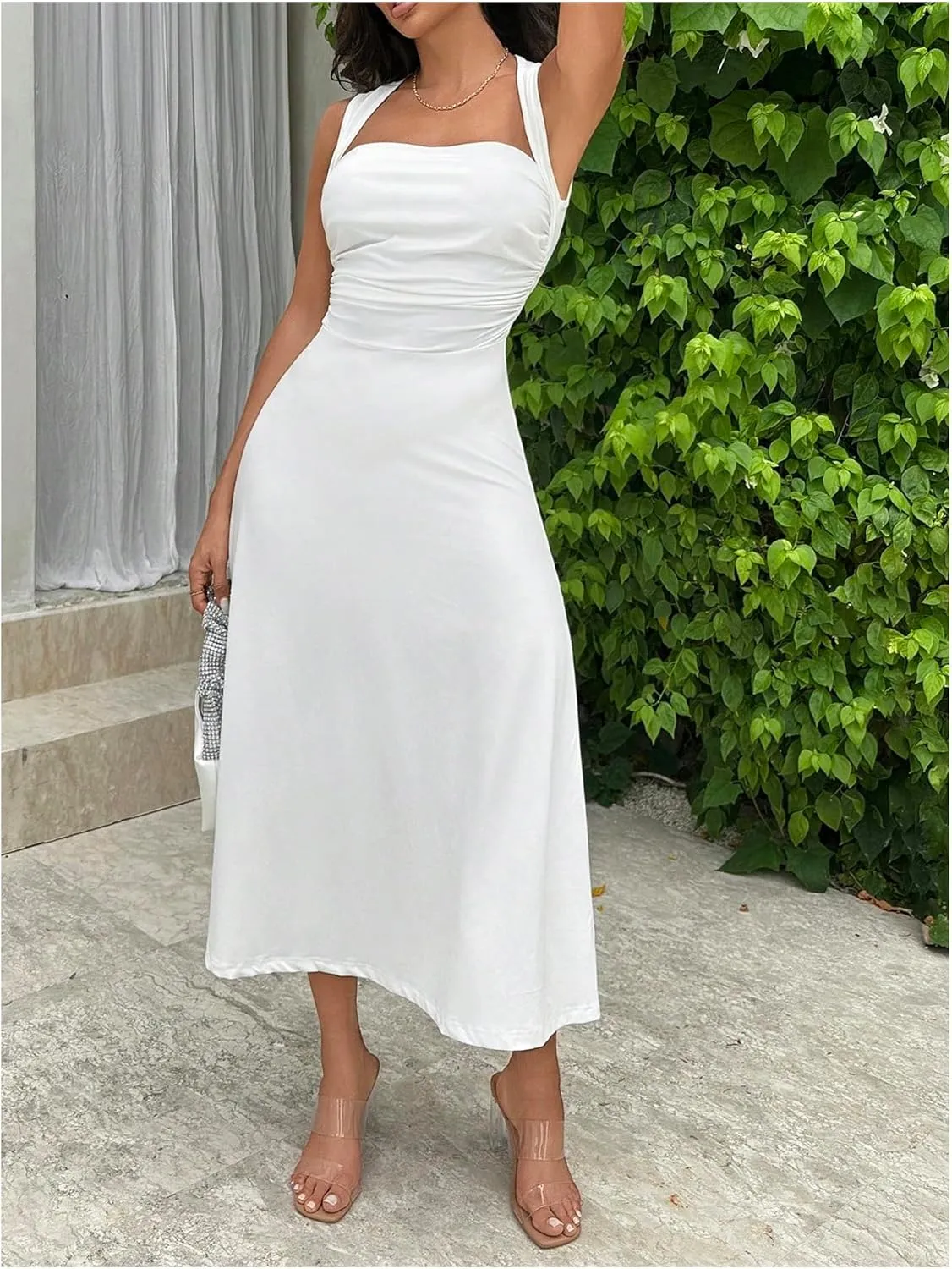 SOLY HUX Women's Square Neck Formal Dress Sleeveless Flowy A Line Ruched Waist Elegant Long Dresses