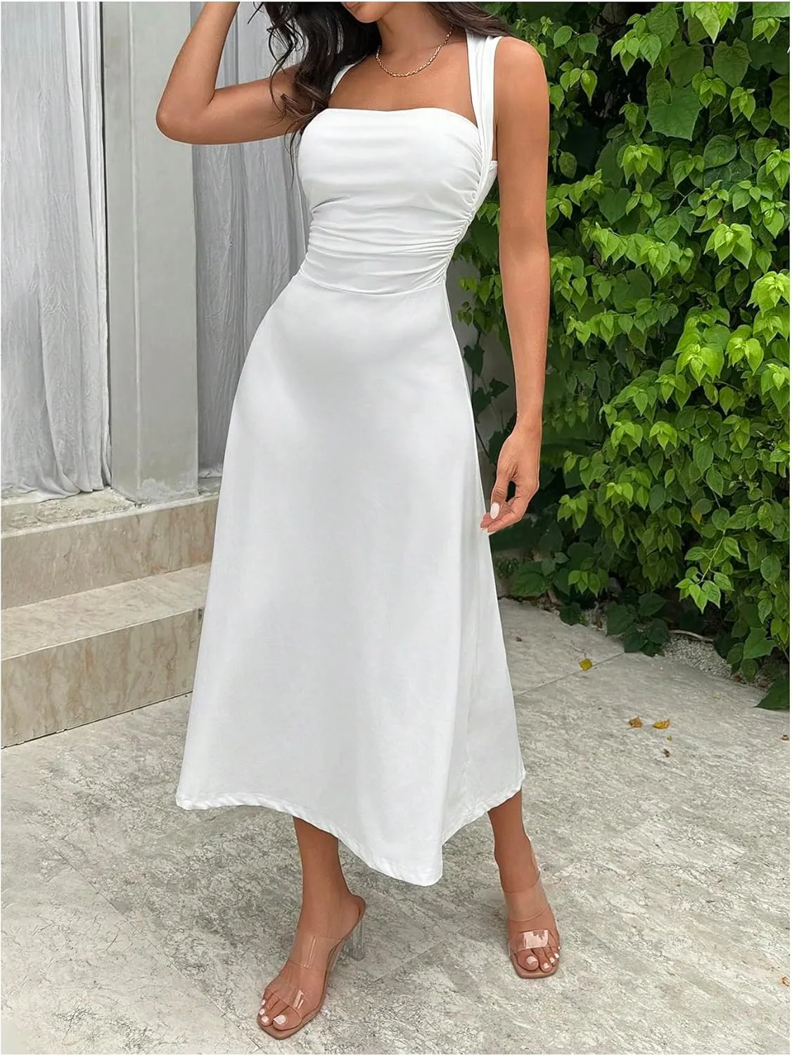 SOLY HUX Women's Square Neck Formal Dress Sleeveless Flowy A Line Ruched Waist Elegant Long Dresses