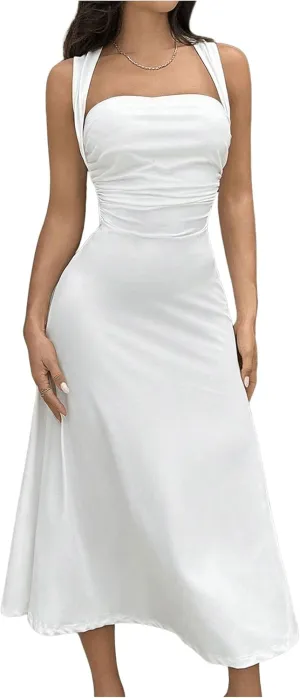SOLY HUX Women's Square Neck Formal Dress Sleeveless Flowy A Line Ruched Waist Elegant Long Dresses