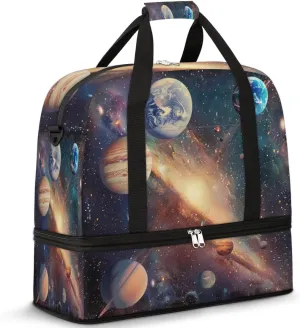 Space Planet Travel Duffel Bag for Women Men, Galaxy Universe Nebula Sports Gym Bag with Shoes Compartment Foldable Overnight Bag Weekender Tote Workout Carry On Luggage Bag