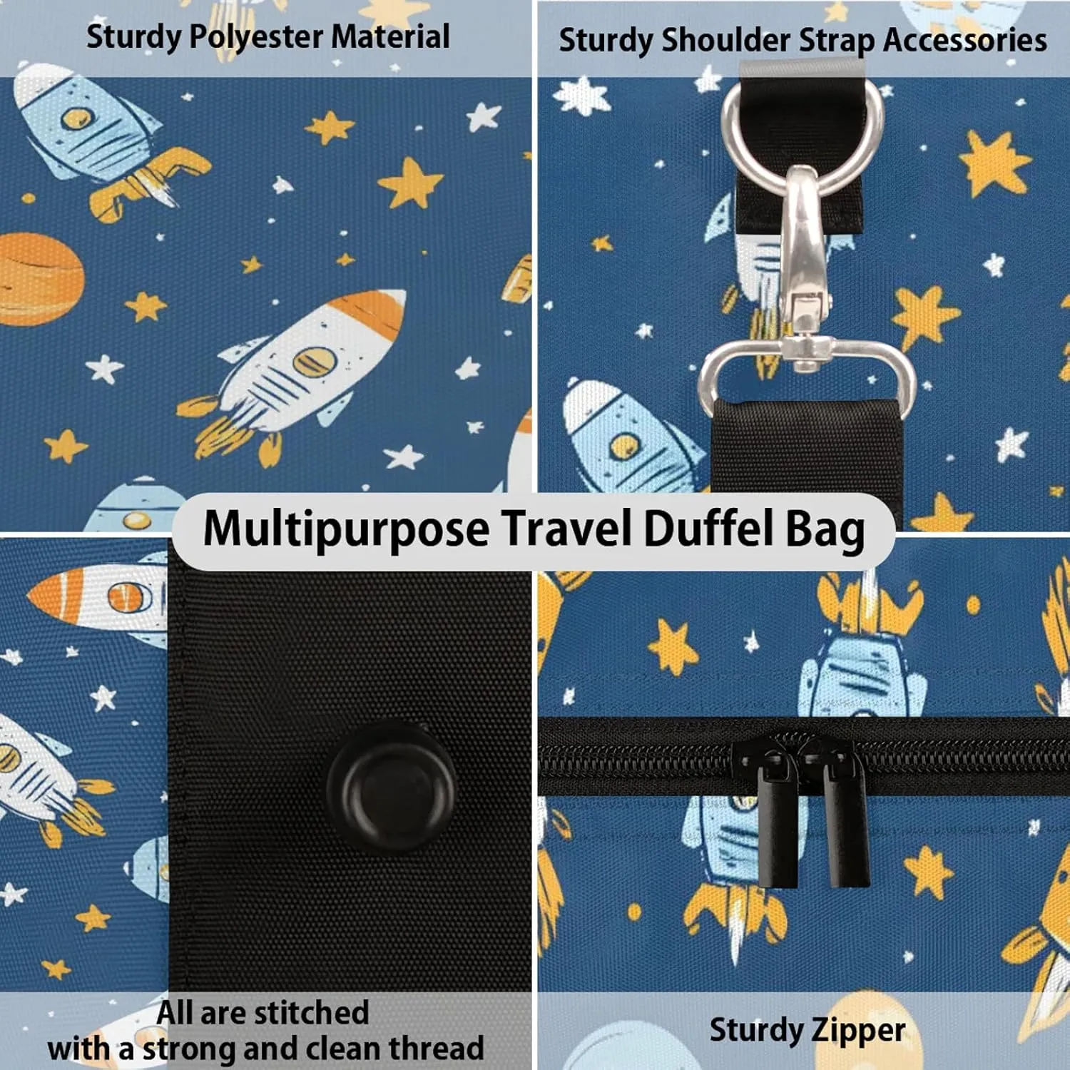 Space Rocket Duffle Bag for Travel, Overnight Weekend Gym Carry On Luggage Bag, Cartoon Galaxy Universe Planet Travel Duffel Bag for Men Women