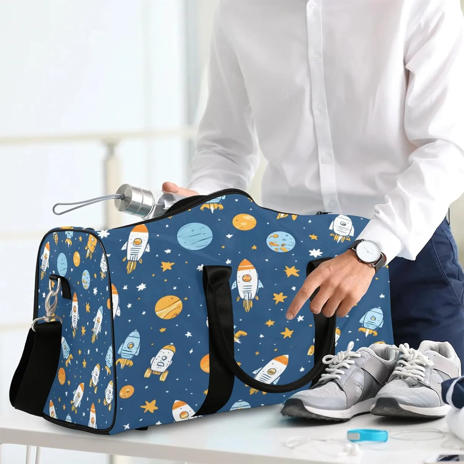 Space Rocket Duffle Bag for Travel, Overnight Weekend Gym Carry On Luggage Bag, Cartoon Galaxy Universe Planet Travel Duffel Bag for Men Women