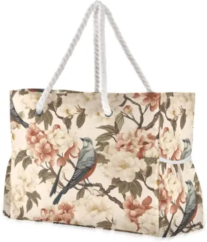 Sparrow White Pink Flowers Beach Tote Bag for Women Waterproof Extra Large Swim Pool Bag Beach Bags with Zipper Travel Tote Bags Carry On Bag for Grocery Vacation Essentials Yoga Nurse Gym