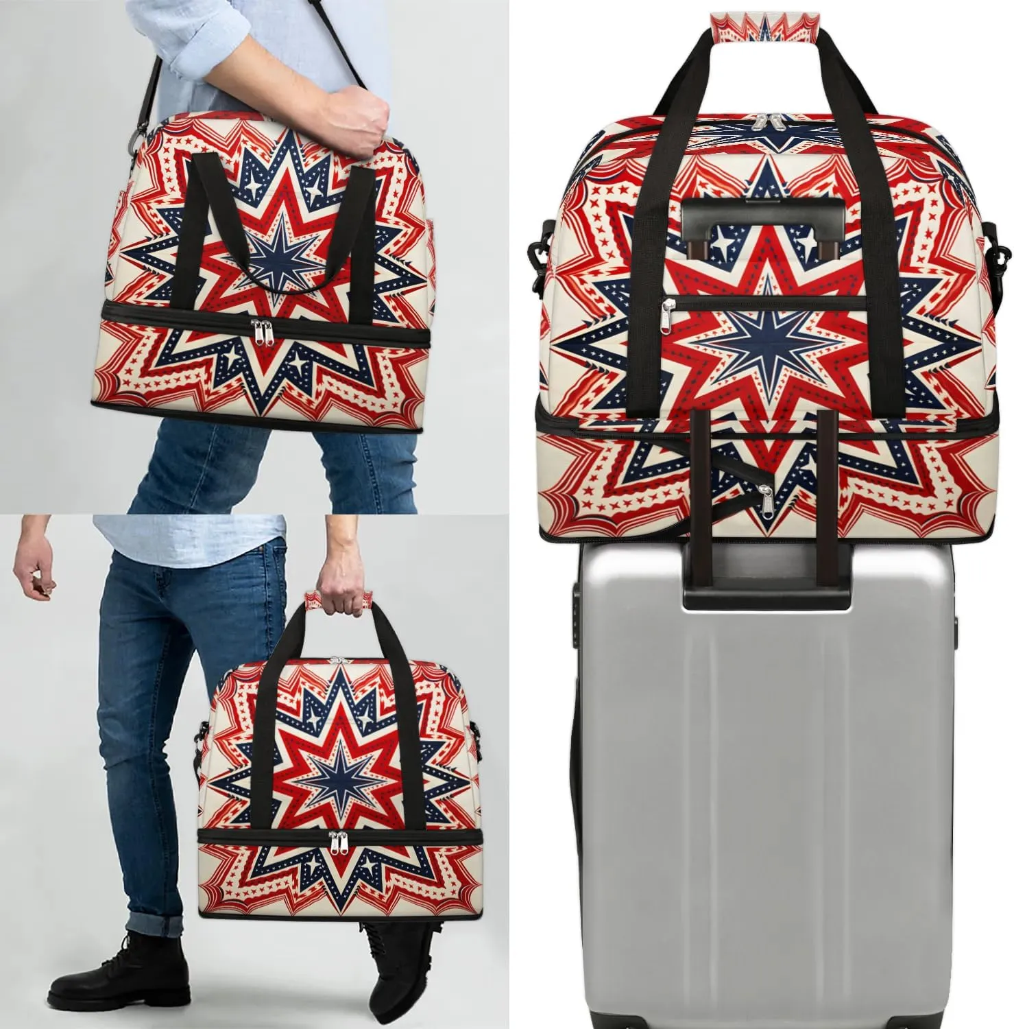 Sports Duffel Bag, Foldable 4th of July Travel Duffel Bag, Gym Yoga Beach Bag Weekender Overnight Bag with Shoes Compartment for Men Women, American Flag
