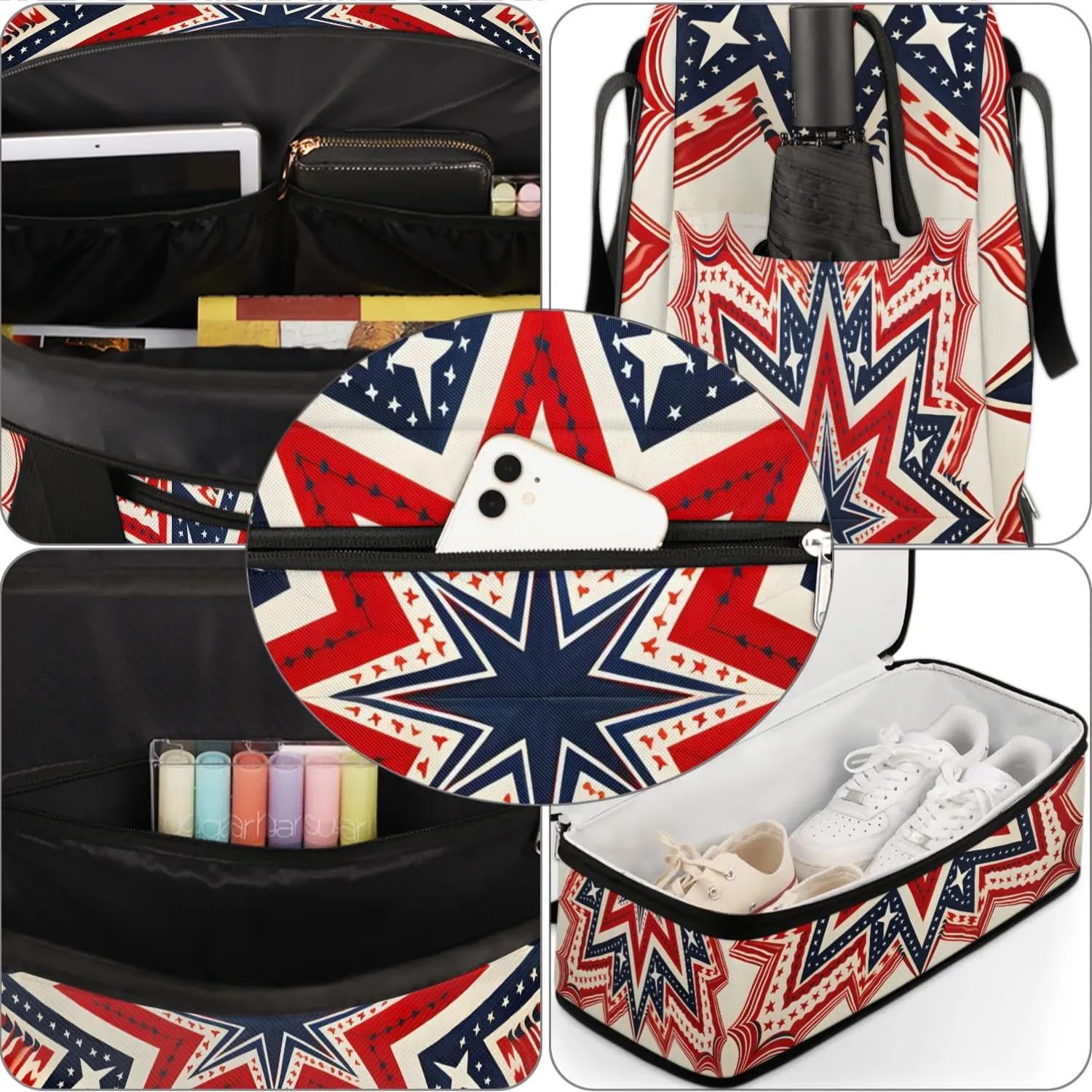 Sports Duffel Bag, Foldable 4th of July Travel Duffel Bag, Gym Yoga Beach Bag Weekender Overnight Bag with Shoes Compartment for Men Women, American Flag