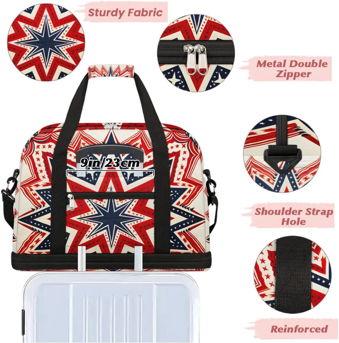 Sports Duffel Bag, Foldable 4th of July Travel Duffel Bag, Gym Yoga Beach Bag Weekender Overnight Bag with Shoes Compartment for Men Women, American Flag