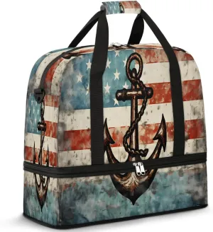 Sports Duffel Bag, Foldable 4th of July Travel Duffel Bag, Gym Yoga Beach Bag Weekender Overnight Bag with Shoes Compartment for Men Women, Vintage Ocean Anchors