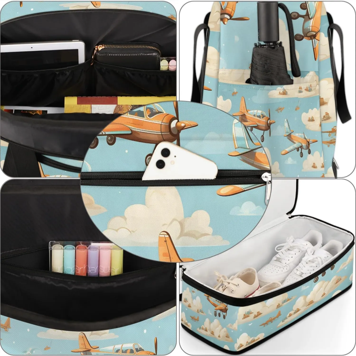 Sports Duffel Bag, Foldable Aircraft Travel Duffel Bag, Gym Yoga Beach Bag Weekender Overnight Bag with Shoes Compartment for Men Women, Sky