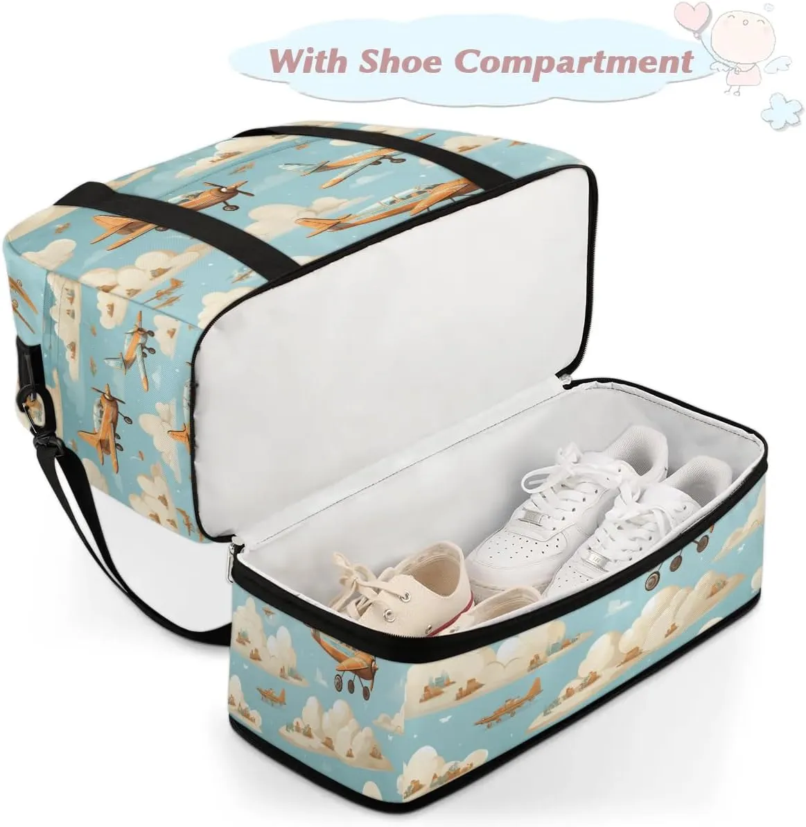 Sports Duffel Bag, Foldable Aircraft Travel Duffel Bag, Gym Yoga Beach Bag Weekender Overnight Bag with Shoes Compartment for Men Women, Sky