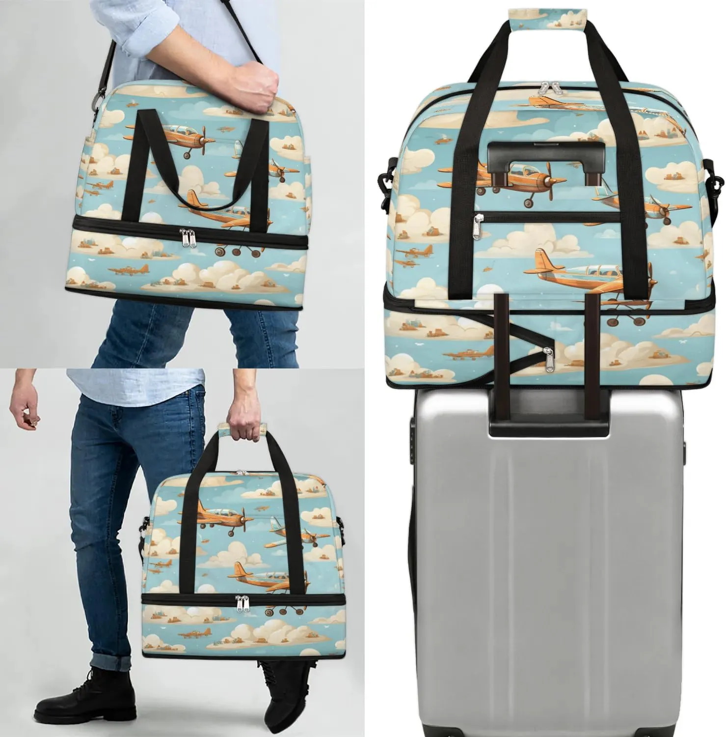 Sports Duffel Bag, Foldable Aircraft Travel Duffel Bag, Gym Yoga Beach Bag Weekender Overnight Bag with Shoes Compartment for Men Women, Sky