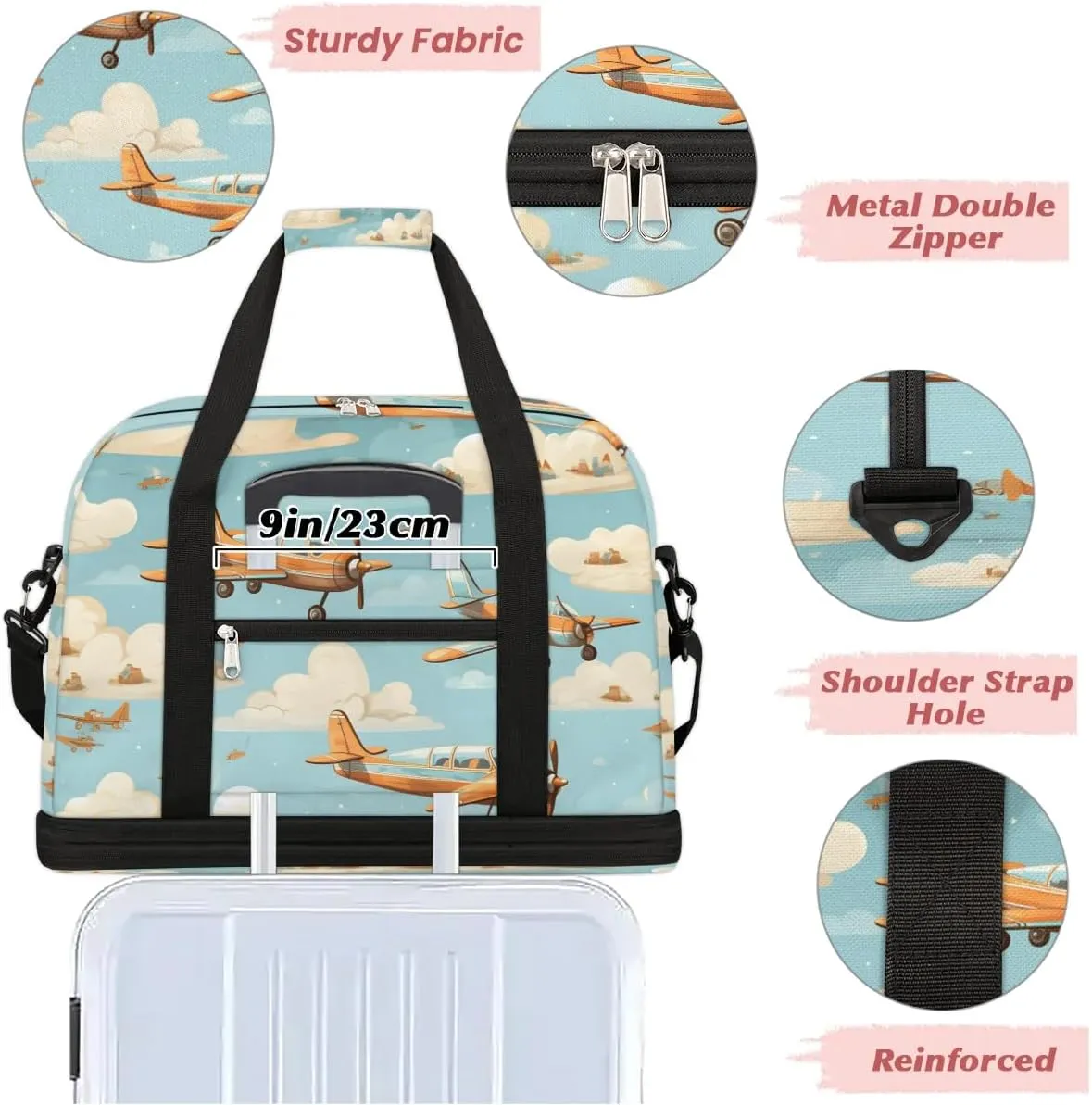 Sports Duffel Bag, Foldable Aircraft Travel Duffel Bag, Gym Yoga Beach Bag Weekender Overnight Bag with Shoes Compartment for Men Women, Sky