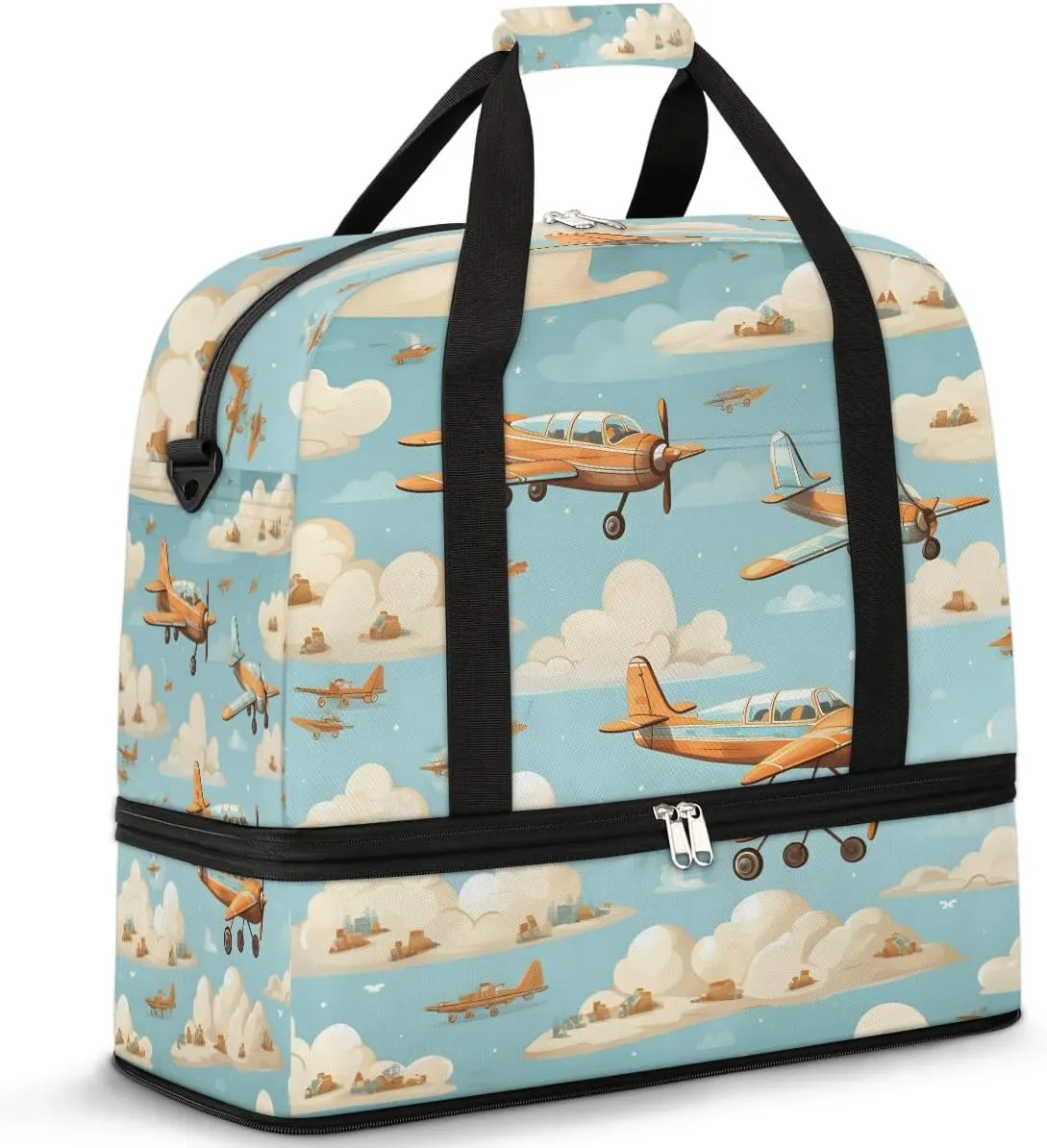 Sports Duffel Bag, Foldable Aircraft Travel Duffel Bag, Gym Yoga Beach Bag Weekender Overnight Bag with Shoes Compartment for Men Women, Sky