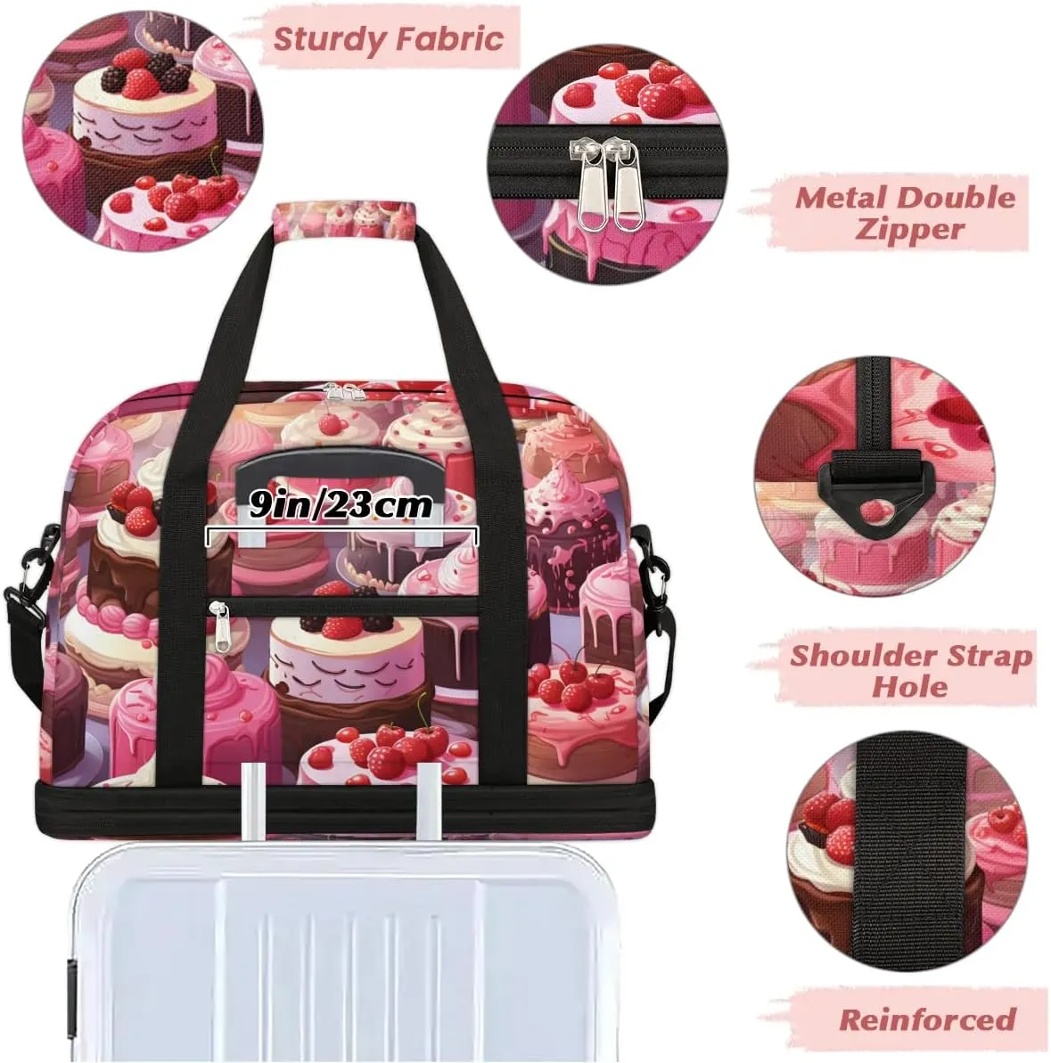 Sports Duffel Bag, Foldable Chocolate Cake Travel Duffel Bag, Gym Yoga Beach Bag Weekender Overnight Bag with Shoes Compartment for Men Women, Birthday Cake