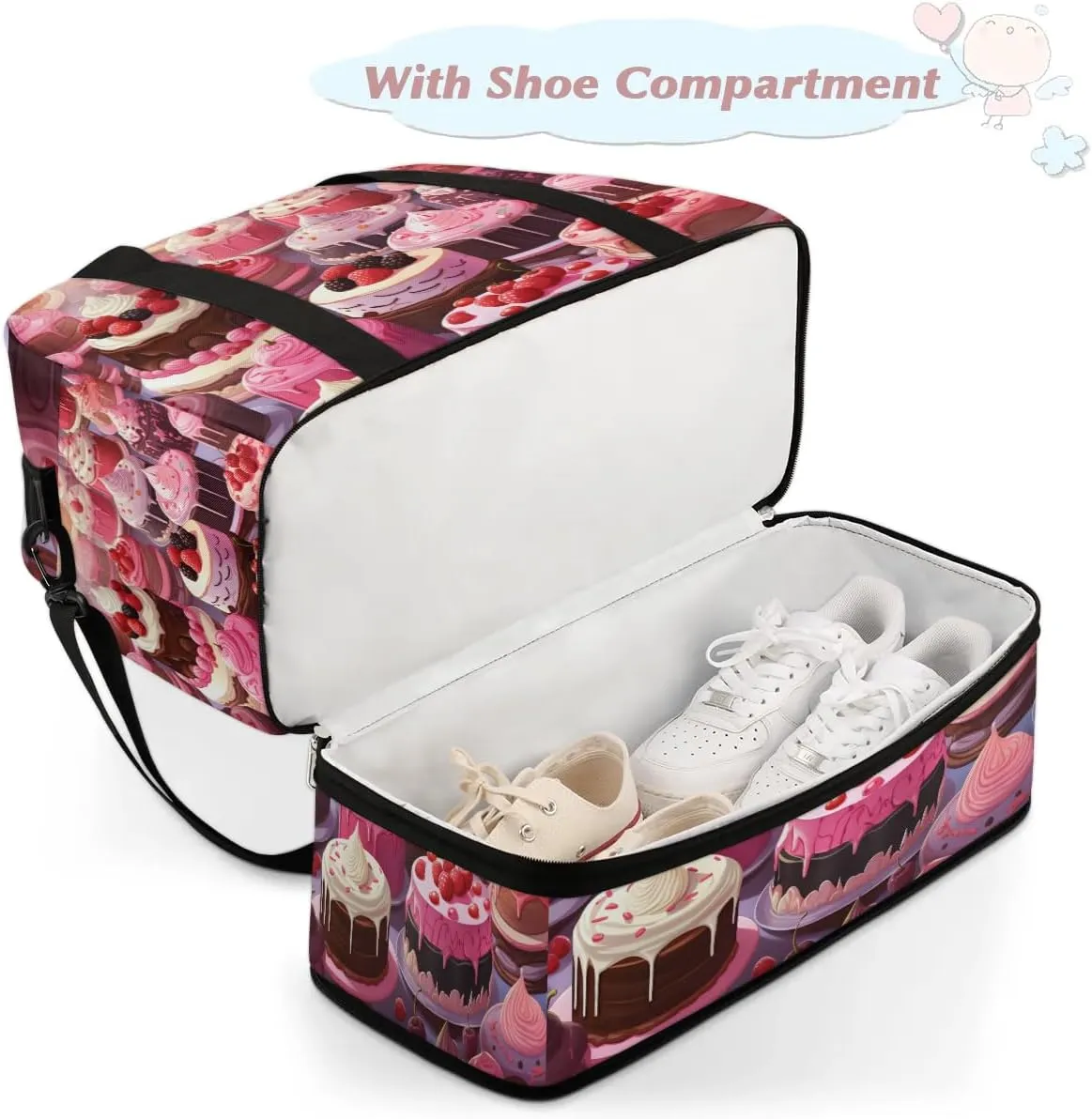 Sports Duffel Bag, Foldable Chocolate Cake Travel Duffel Bag, Gym Yoga Beach Bag Weekender Overnight Bag with Shoes Compartment for Men Women, Birthday Cake