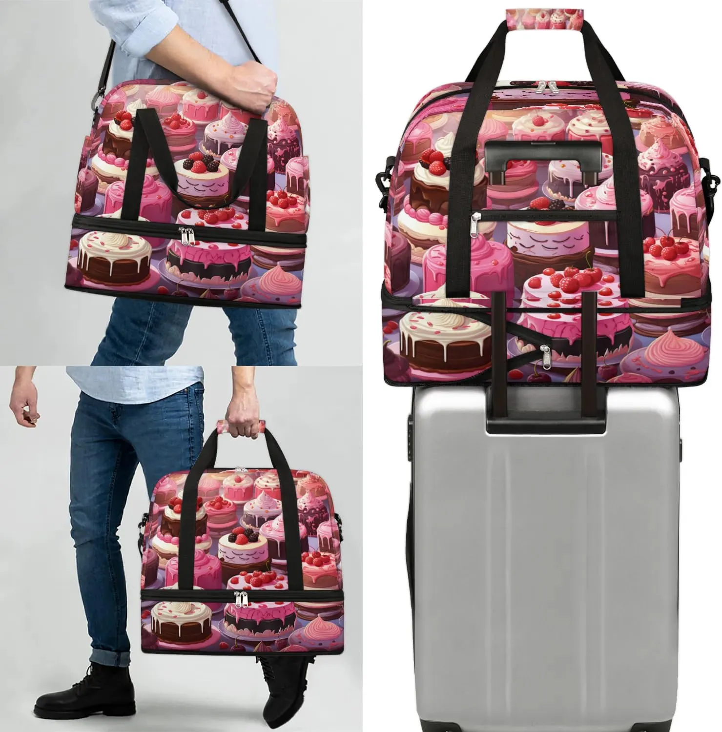 Sports Duffel Bag, Foldable Chocolate Cake Travel Duffel Bag, Gym Yoga Beach Bag Weekender Overnight Bag with Shoes Compartment for Men Women, Birthday Cake