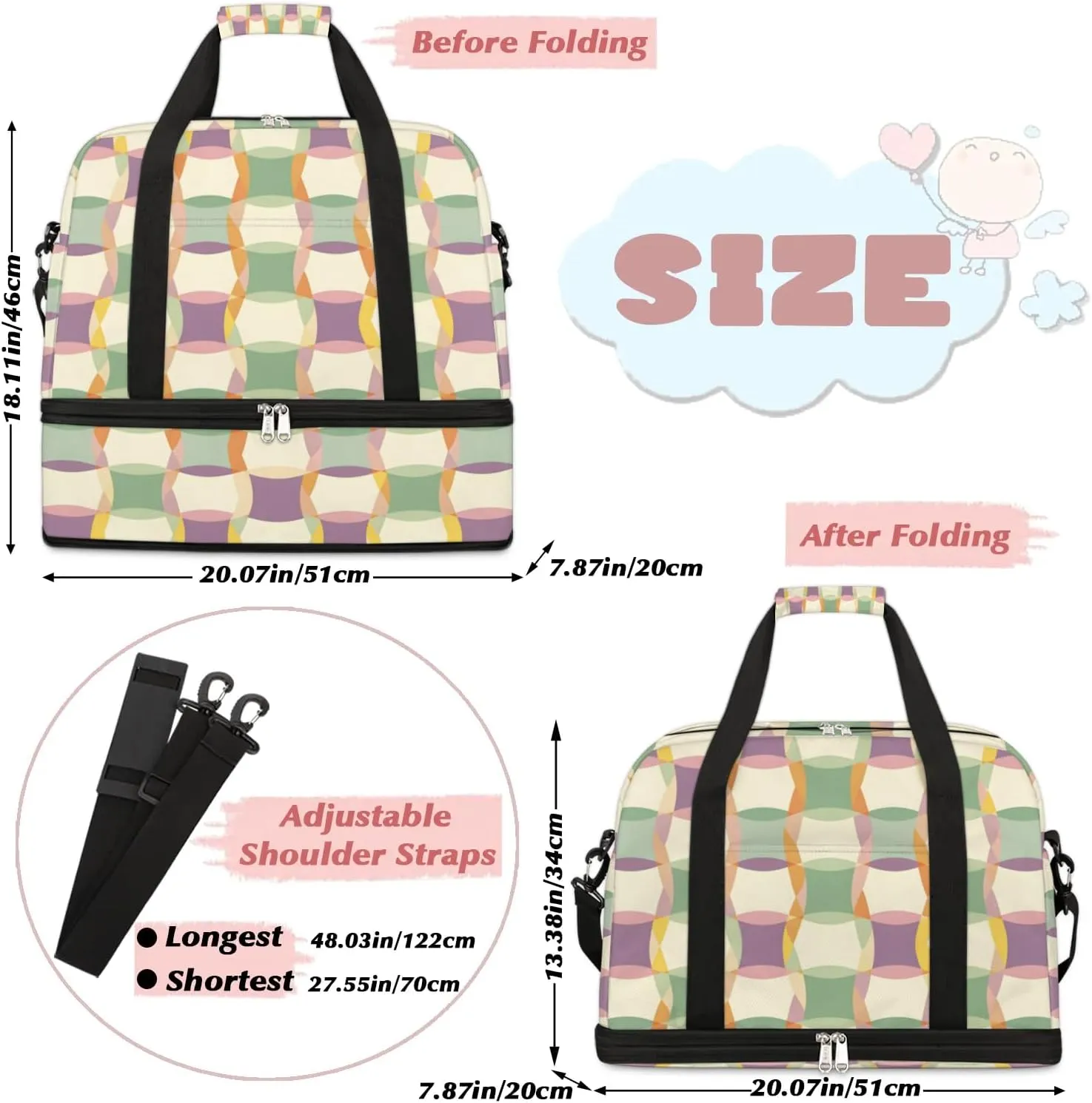Sports Duffel Bag, Foldable Colorful Plaid Travel Duffel Bag, Gym Yoga Beach Bag Weekender Overnight Bag with Shoes Compartment for Men Women, Checkered