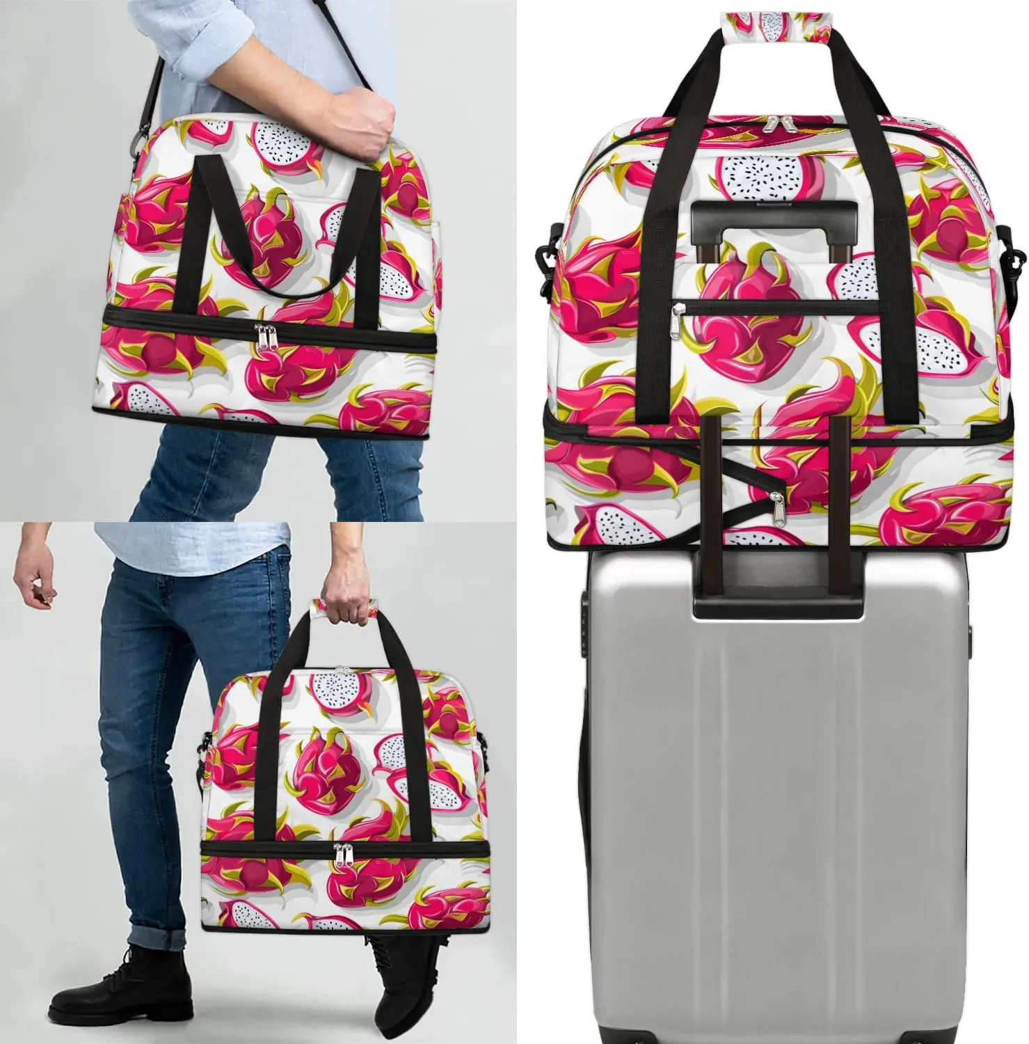 Sports Duffel Bag, Foldable Dragon Fruit Fruit Travel Duffel Bag, Gym Yoga Beach Bag Weekender Overnight Bag with Shoes Compartment for Men Women, Dragon Fruits