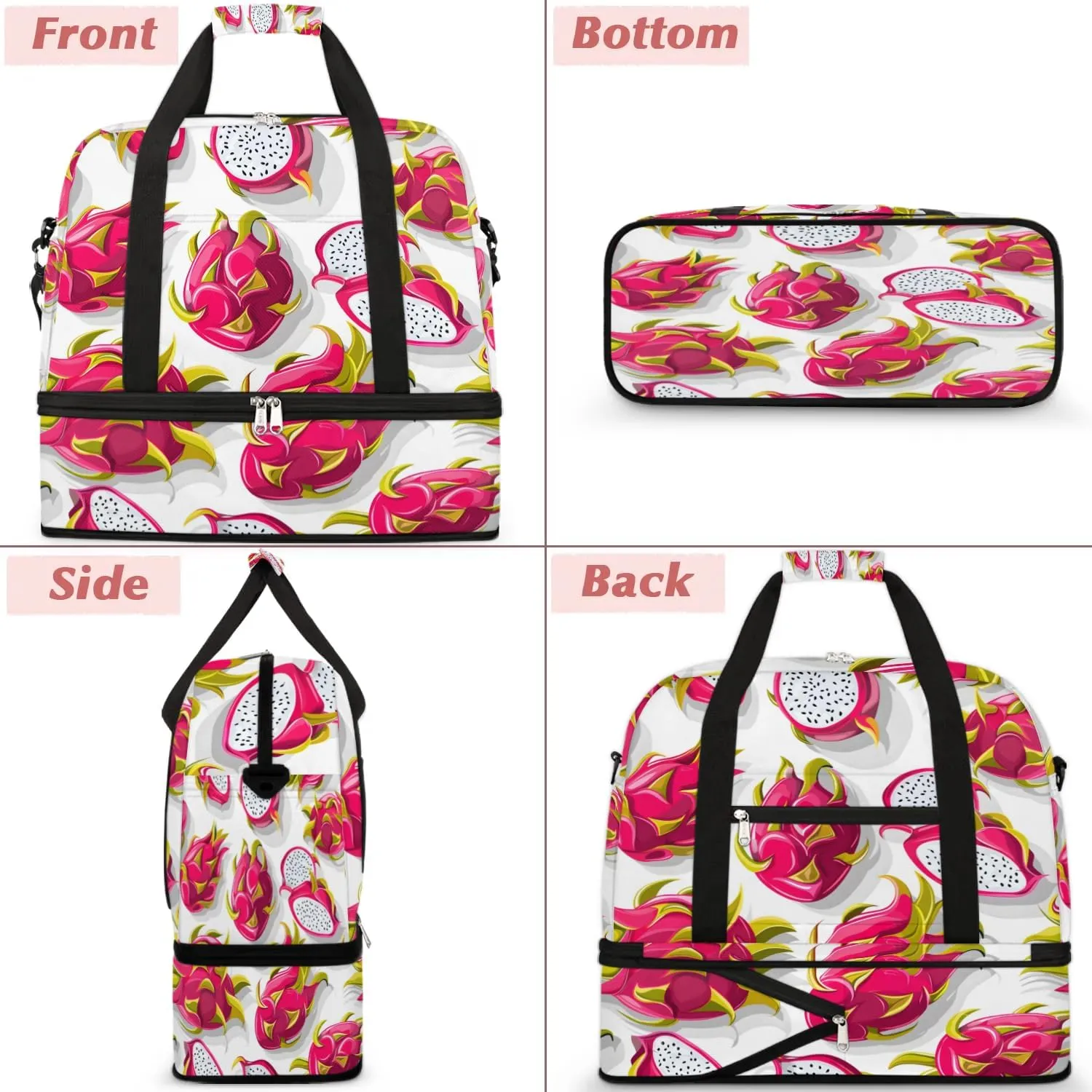 Sports Duffel Bag, Foldable Dragon Fruit Fruit Travel Duffel Bag, Gym Yoga Beach Bag Weekender Overnight Bag with Shoes Compartment for Men Women, Dragon Fruits