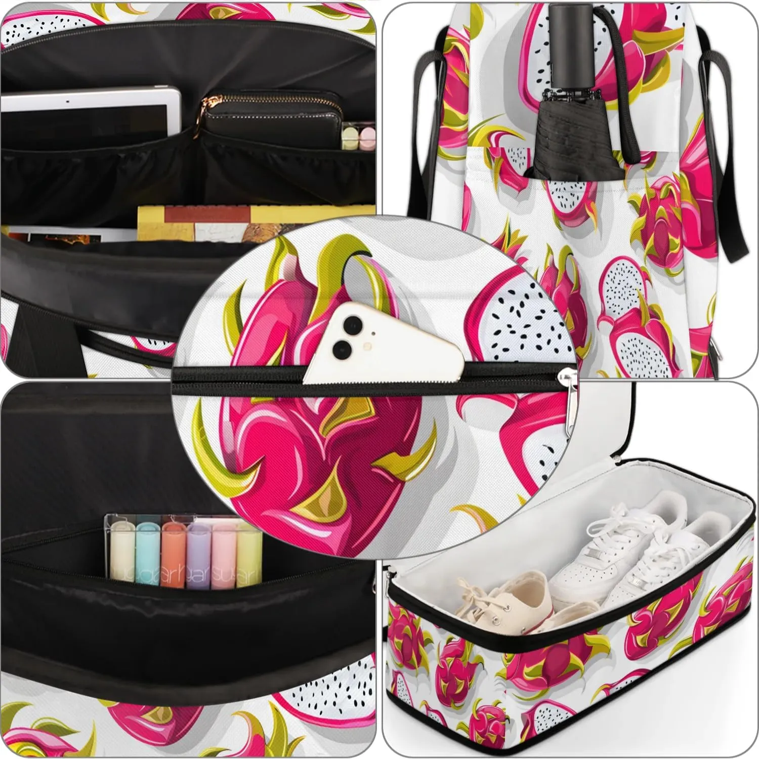 Sports Duffel Bag, Foldable Dragon Fruit Fruit Travel Duffel Bag, Gym Yoga Beach Bag Weekender Overnight Bag with Shoes Compartment for Men Women, Dragon Fruits