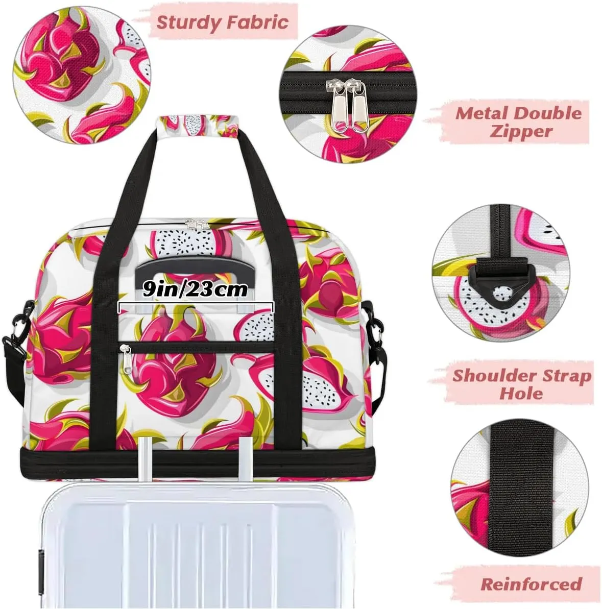 Sports Duffel Bag, Foldable Dragon Fruit Fruit Travel Duffel Bag, Gym Yoga Beach Bag Weekender Overnight Bag with Shoes Compartment for Men Women, Dragon Fruits