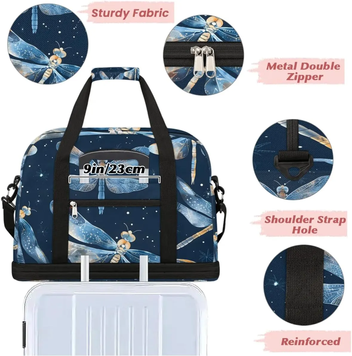 Sports Duffel Bag, Foldable Dragonflies Travel Duffel Bag, Gym Yoga Beach Bag Weekender Overnight Bag with Shoes Compartment for Men Women, Dragonfly