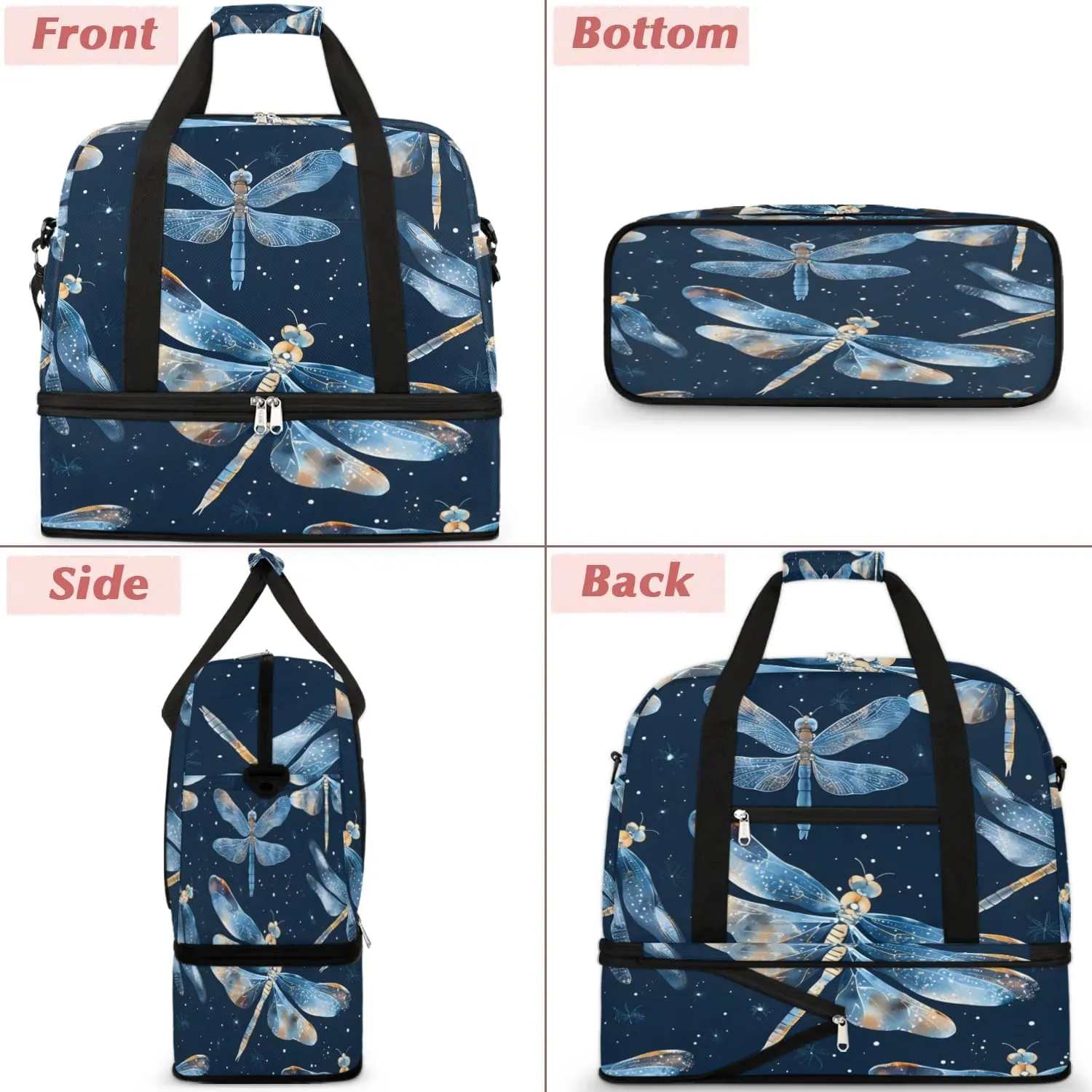 Sports Duffel Bag, Foldable Dragonflies Travel Duffel Bag, Gym Yoga Beach Bag Weekender Overnight Bag with Shoes Compartment for Men Women, Dragonfly