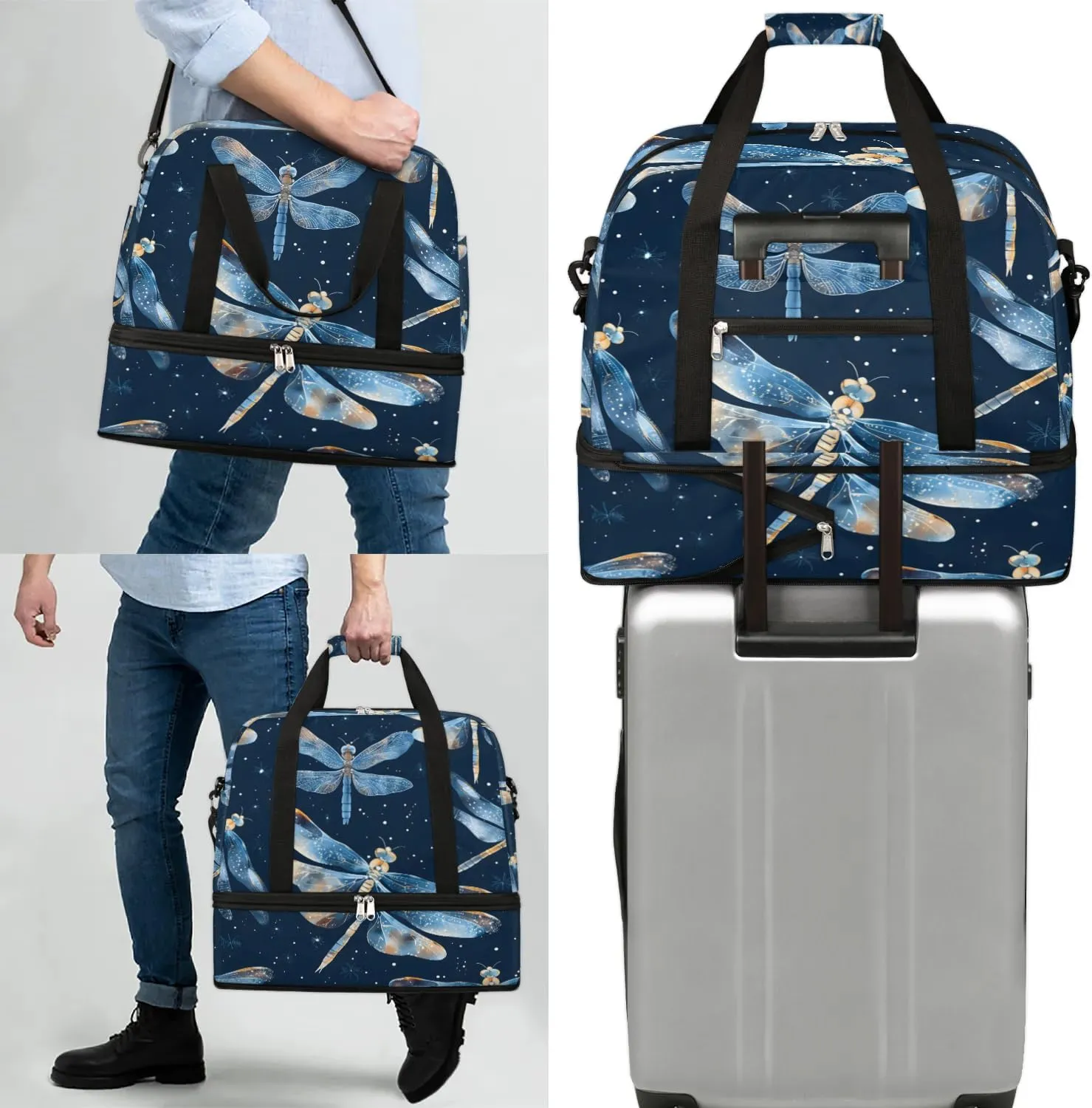 Sports Duffel Bag, Foldable Dragonflies Travel Duffel Bag, Gym Yoga Beach Bag Weekender Overnight Bag with Shoes Compartment for Men Women, Dragonfly