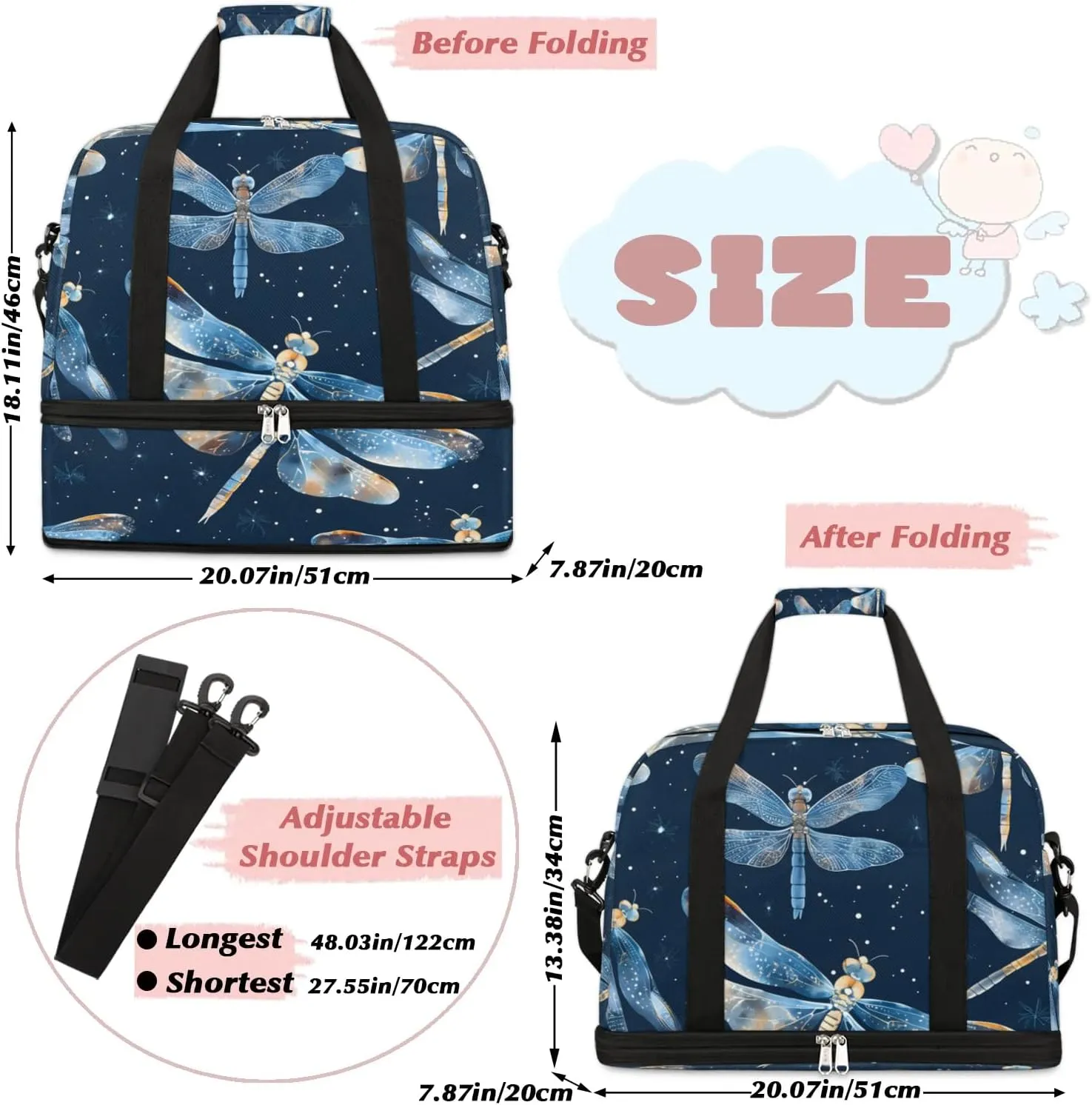 Sports Duffel Bag, Foldable Dragonflies Travel Duffel Bag, Gym Yoga Beach Bag Weekender Overnight Bag with Shoes Compartment for Men Women, Dragonfly