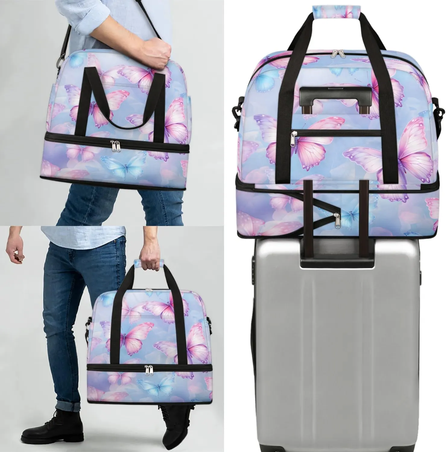 Sports Duffel Bag, Foldable Fantasy Butterfly Travel Duffel Bag, Gym Yoga Beach Bag Weekender Overnight Bag with Shoes Compartment for Men Women, Flying Butterflies