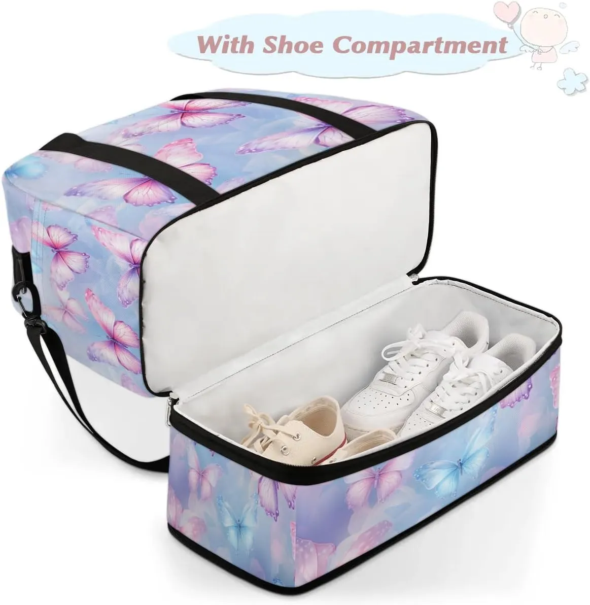 Sports Duffel Bag, Foldable Fantasy Butterfly Travel Duffel Bag, Gym Yoga Beach Bag Weekender Overnight Bag with Shoes Compartment for Men Women, Flying Butterflies