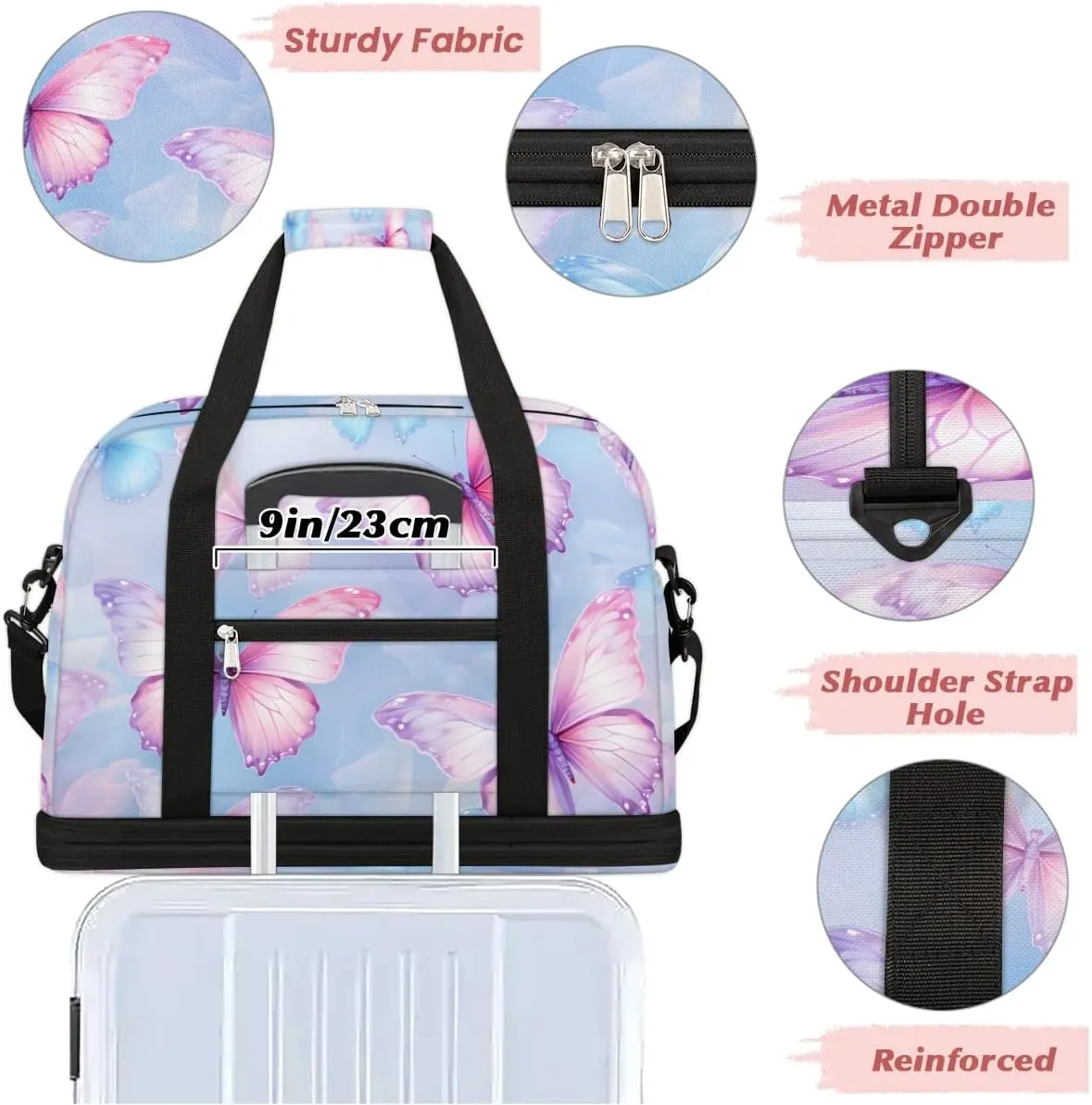Sports Duffel Bag, Foldable Fantasy Butterfly Travel Duffel Bag, Gym Yoga Beach Bag Weekender Overnight Bag with Shoes Compartment for Men Women, Flying Butterflies