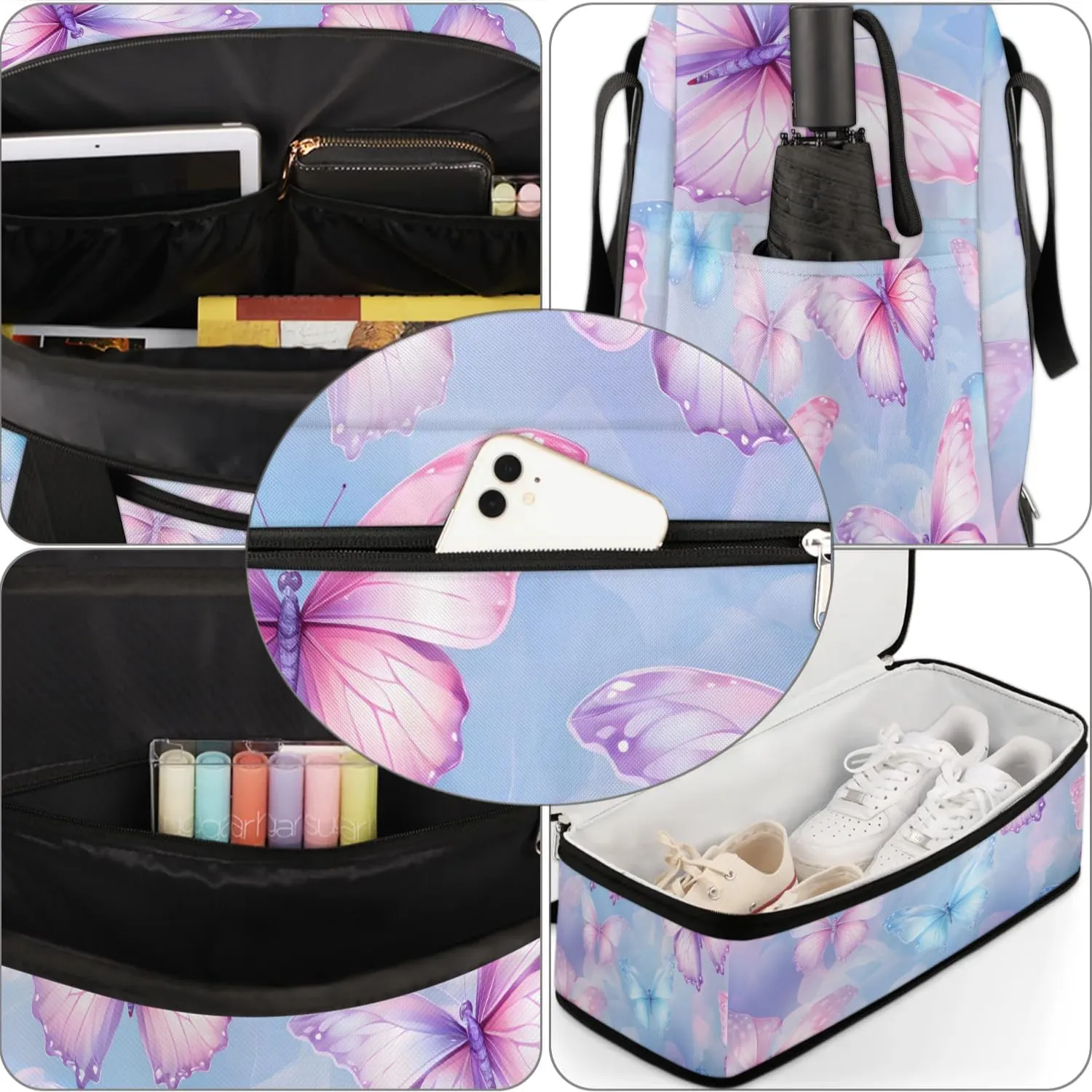Sports Duffel Bag, Foldable Fantasy Butterfly Travel Duffel Bag, Gym Yoga Beach Bag Weekender Overnight Bag with Shoes Compartment for Men Women, Flying Butterflies