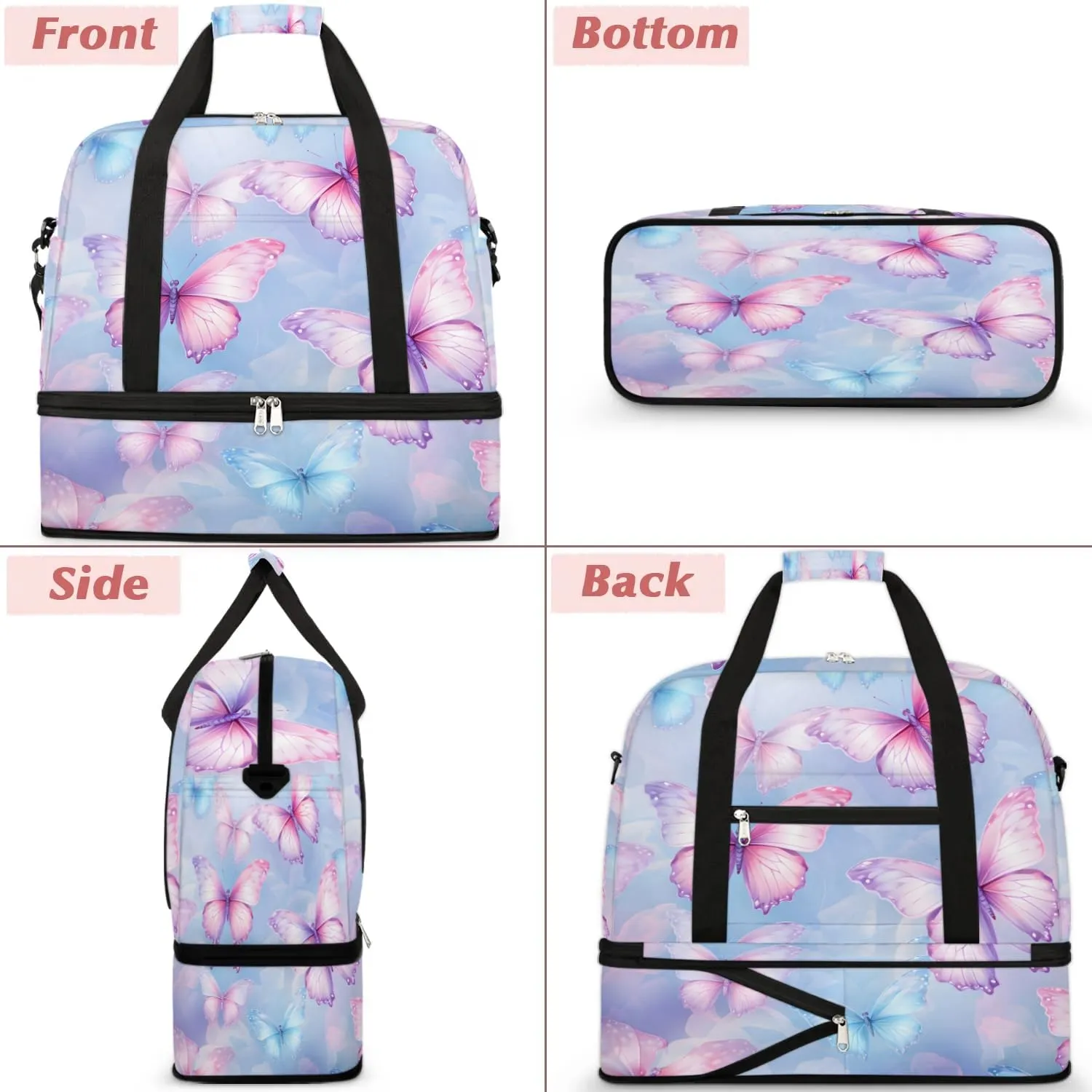 Sports Duffel Bag, Foldable Fantasy Butterfly Travel Duffel Bag, Gym Yoga Beach Bag Weekender Overnight Bag with Shoes Compartment for Men Women, Flying Butterflies