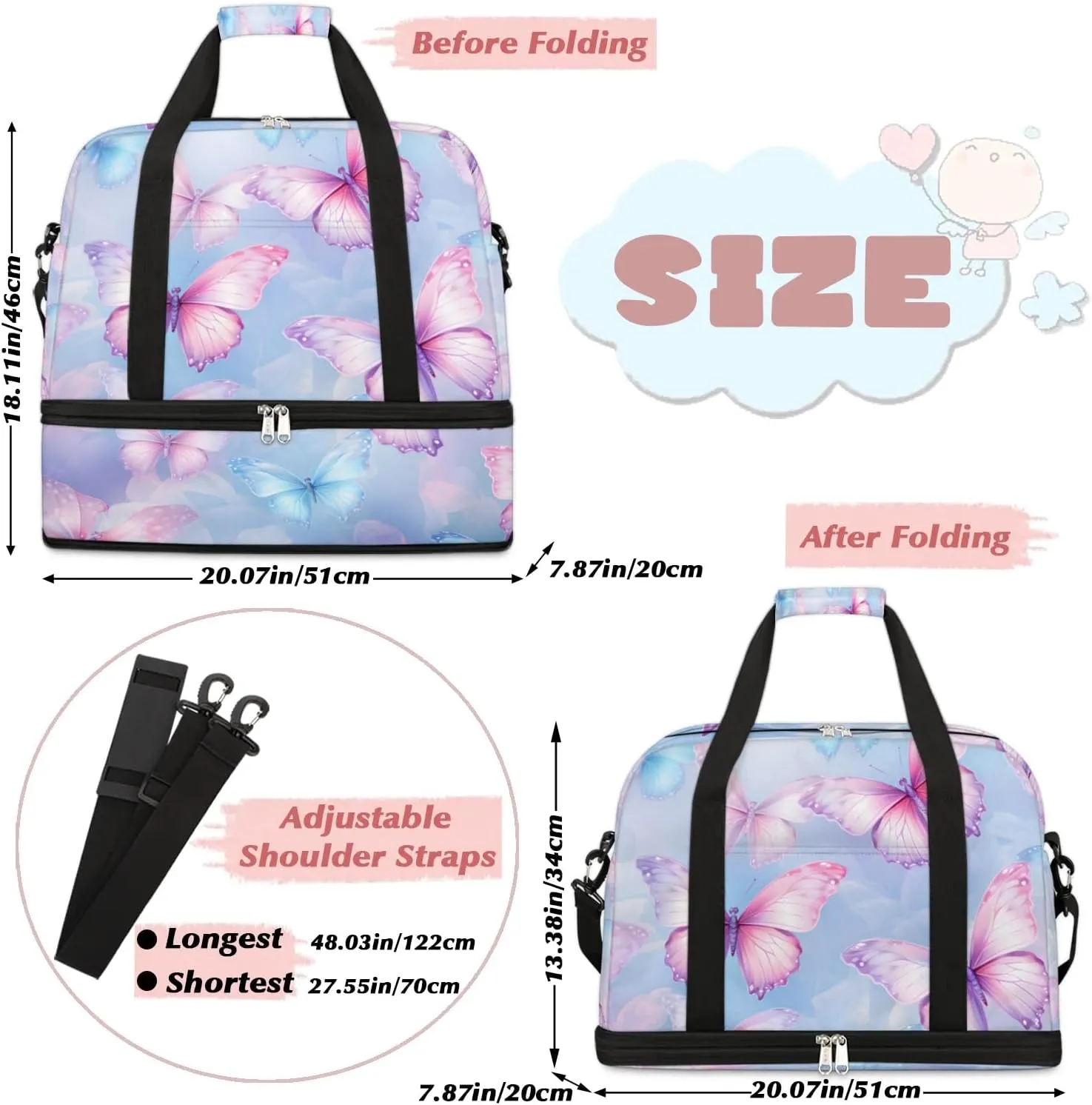 Sports Duffel Bag, Foldable Fantasy Butterfly Travel Duffel Bag, Gym Yoga Beach Bag Weekender Overnight Bag with Shoes Compartment for Men Women, Flying Butterflies