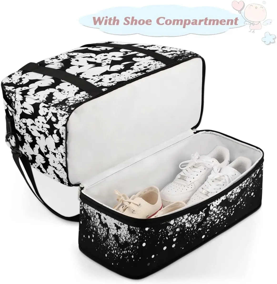 Sports Duffel Bag, Foldable Halloween Travel Duffel Bag, Gym Yoga Beach Bag Weekender Overnight Bag with Shoes Compartment for Men Women, Black Bats