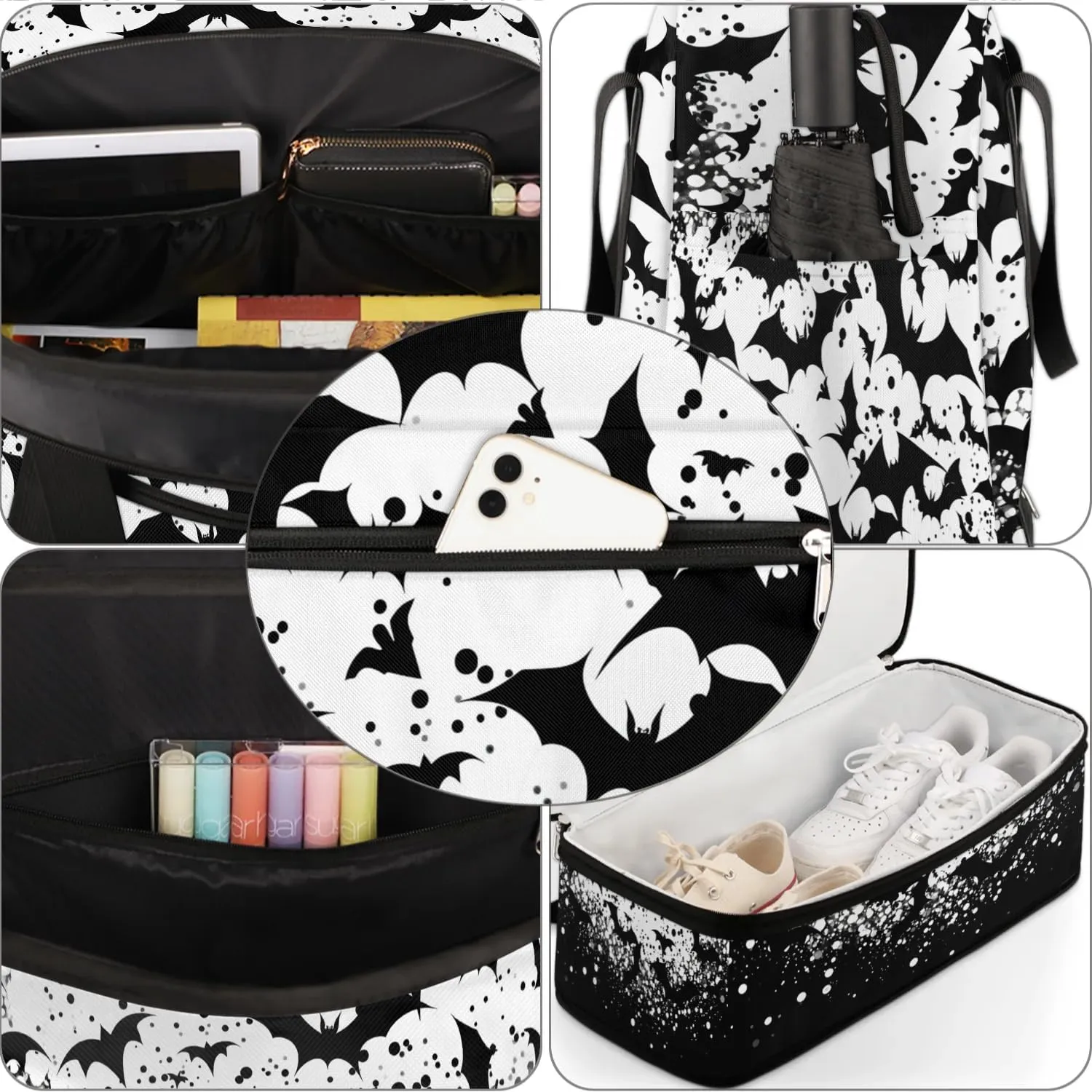Sports Duffel Bag, Foldable Halloween Travel Duffel Bag, Gym Yoga Beach Bag Weekender Overnight Bag with Shoes Compartment for Men Women, Black Bats
