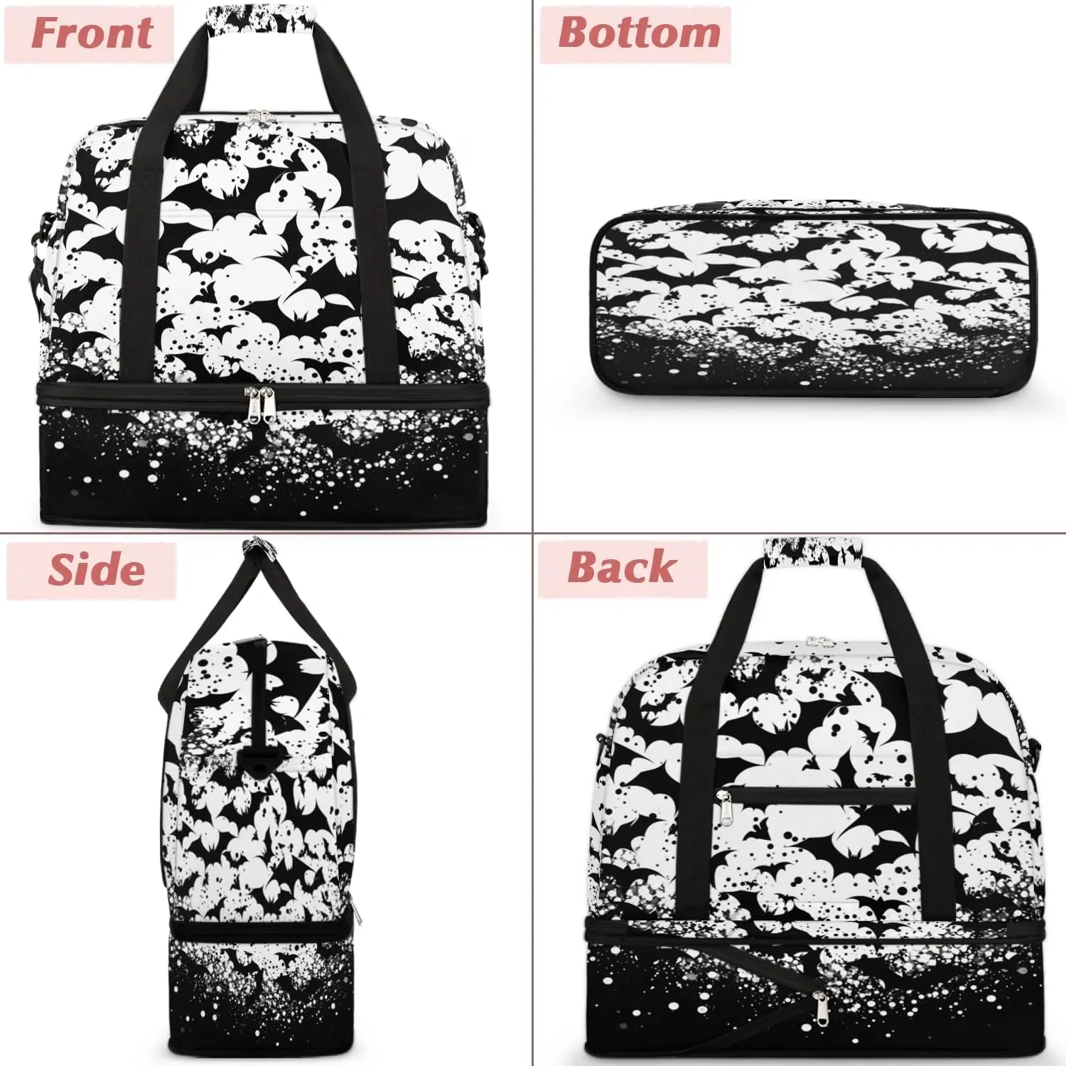 Sports Duffel Bag, Foldable Halloween Travel Duffel Bag, Gym Yoga Beach Bag Weekender Overnight Bag with Shoes Compartment for Men Women, Black Bats