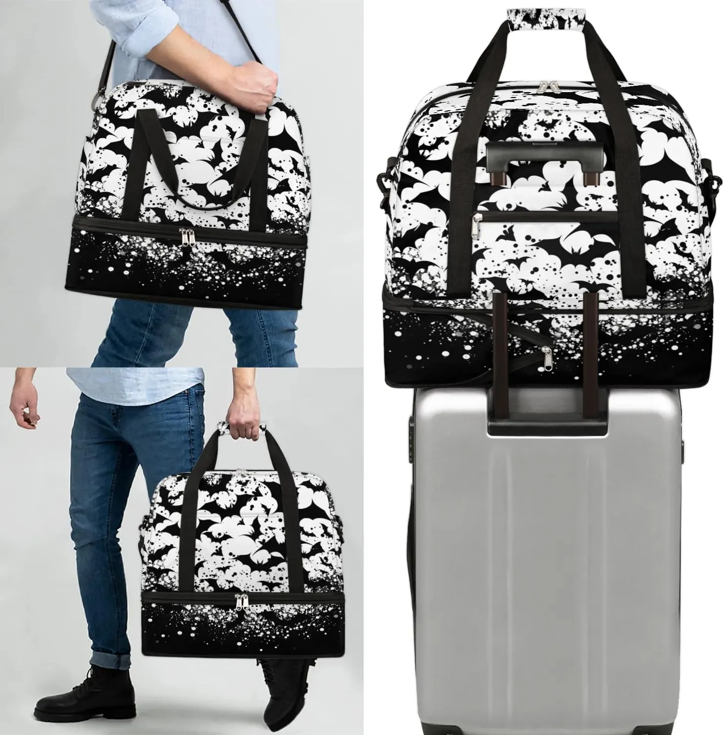 Sports Duffel Bag, Foldable Halloween Travel Duffel Bag, Gym Yoga Beach Bag Weekender Overnight Bag with Shoes Compartment for Men Women, Black Bats
