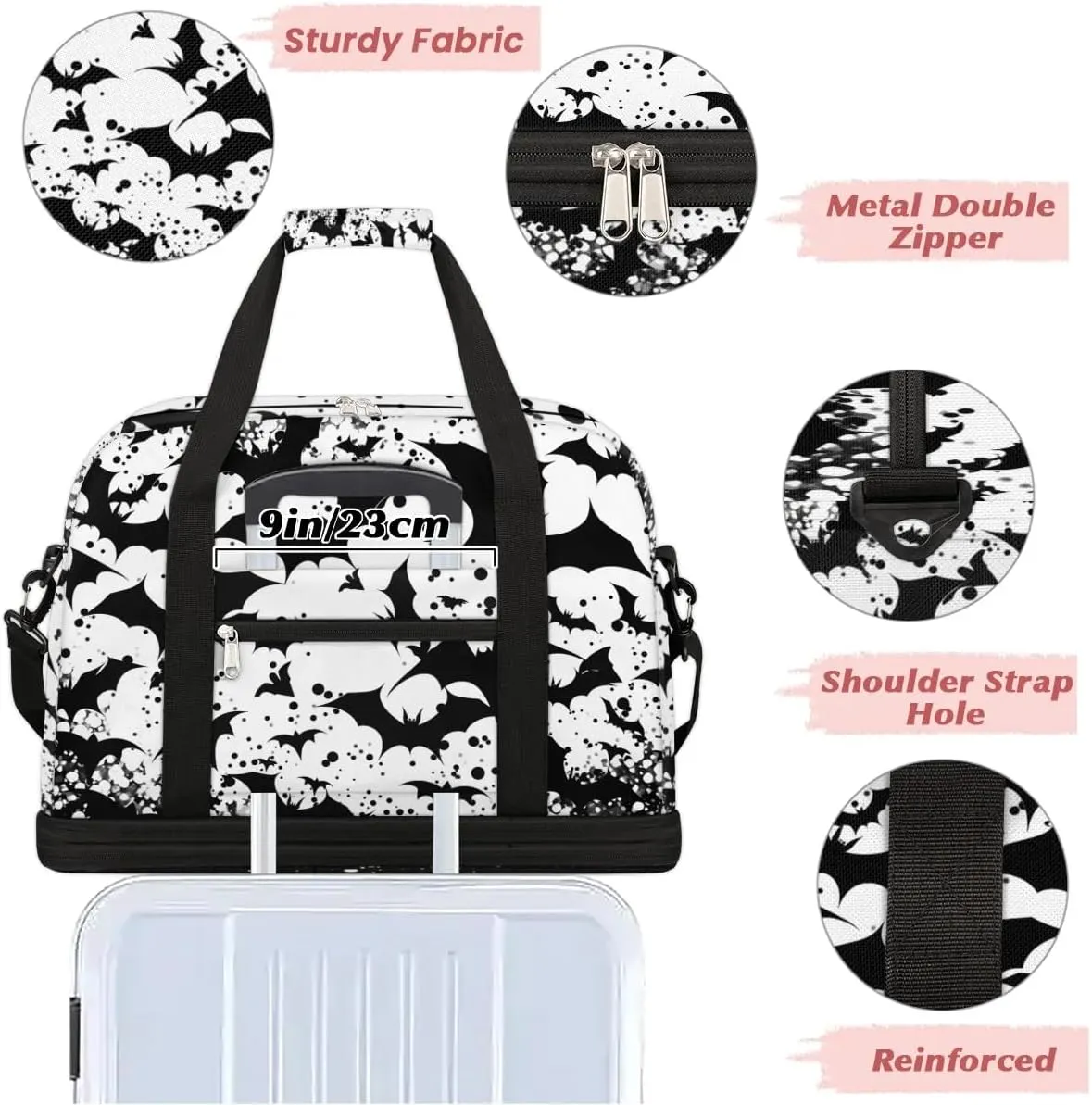 Sports Duffel Bag, Foldable Halloween Travel Duffel Bag, Gym Yoga Beach Bag Weekender Overnight Bag with Shoes Compartment for Men Women, Black Bats