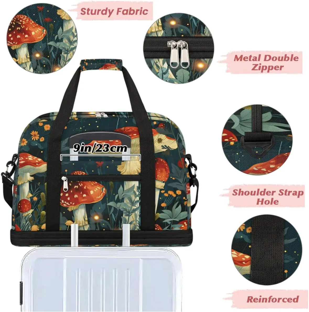 Sports Duffel Bag, Foldable Hippie Mushrooms Travel Duffel Bag, Gym Yoga Beach Bag Weekender Overnight Bag with Shoes Compartment for Men Women, Mushroom