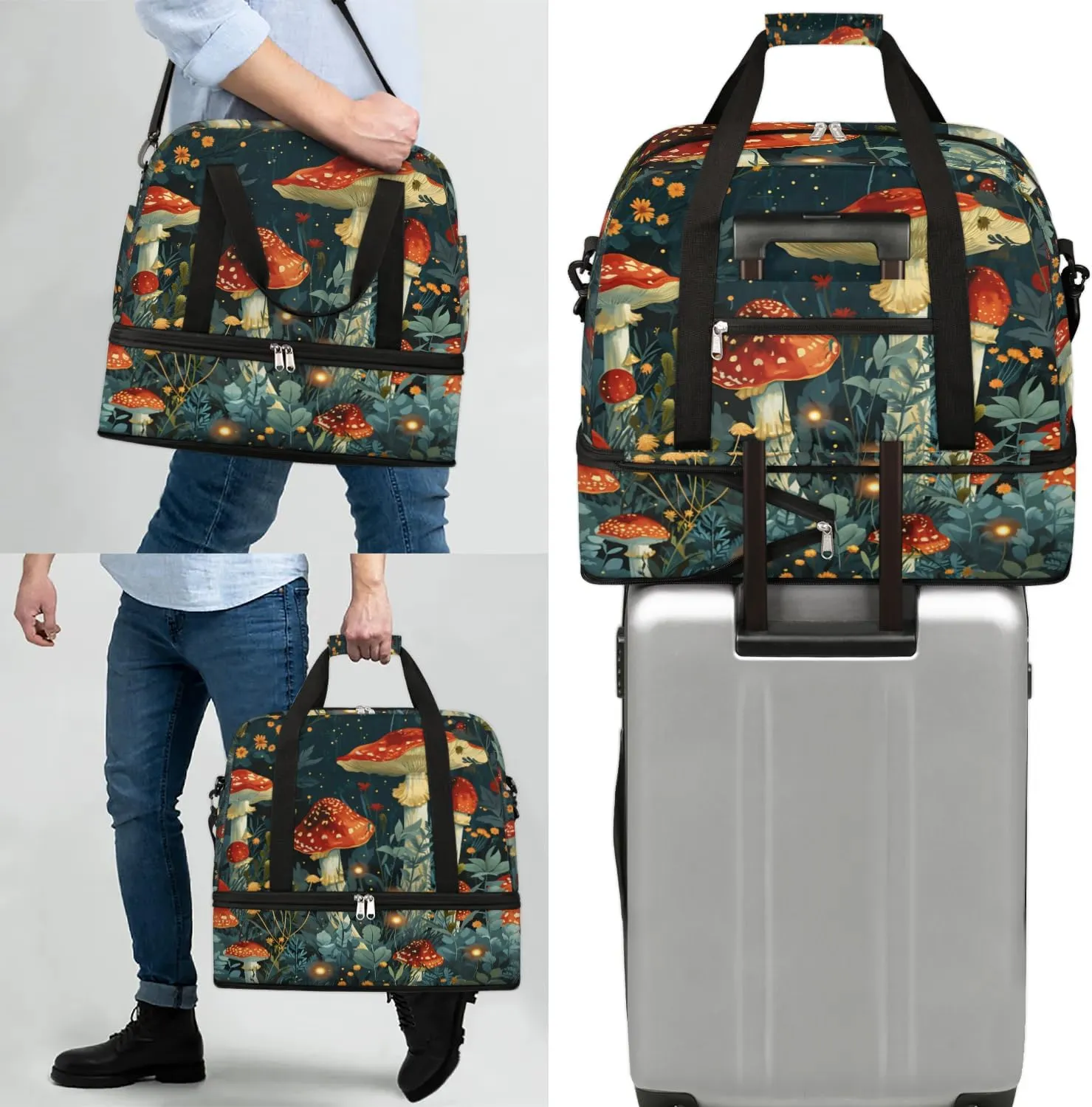 Sports Duffel Bag, Foldable Hippie Mushrooms Travel Duffel Bag, Gym Yoga Beach Bag Weekender Overnight Bag with Shoes Compartment for Men Women, Mushroom