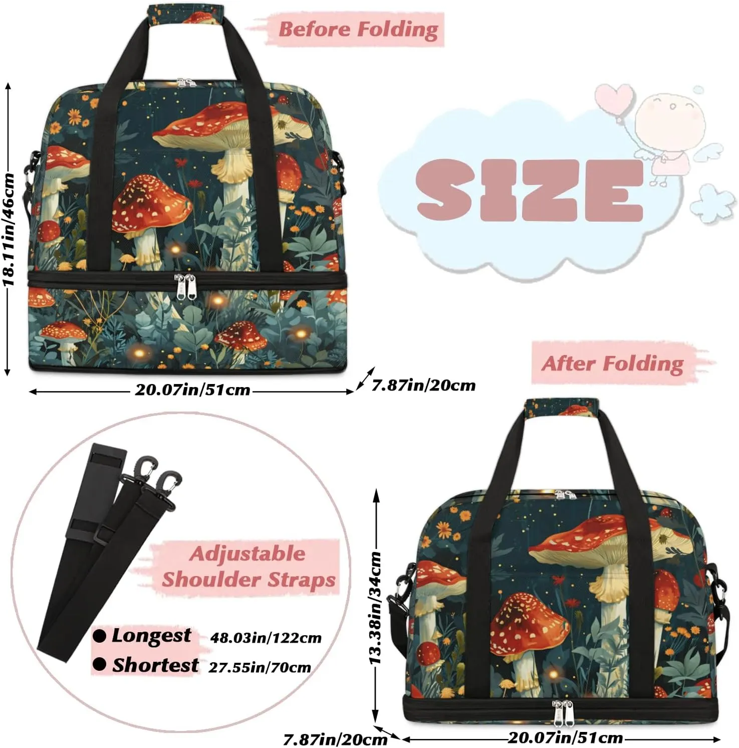 Sports Duffel Bag, Foldable Hippie Mushrooms Travel Duffel Bag, Gym Yoga Beach Bag Weekender Overnight Bag with Shoes Compartment for Men Women, Mushroom